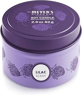 MRS. MEYER'S CLEAN DAY Soy Tin Candle, 12 Hour Burn Time, Made with Soy Wax and Essential Oils, Lilac, 2.9 oz