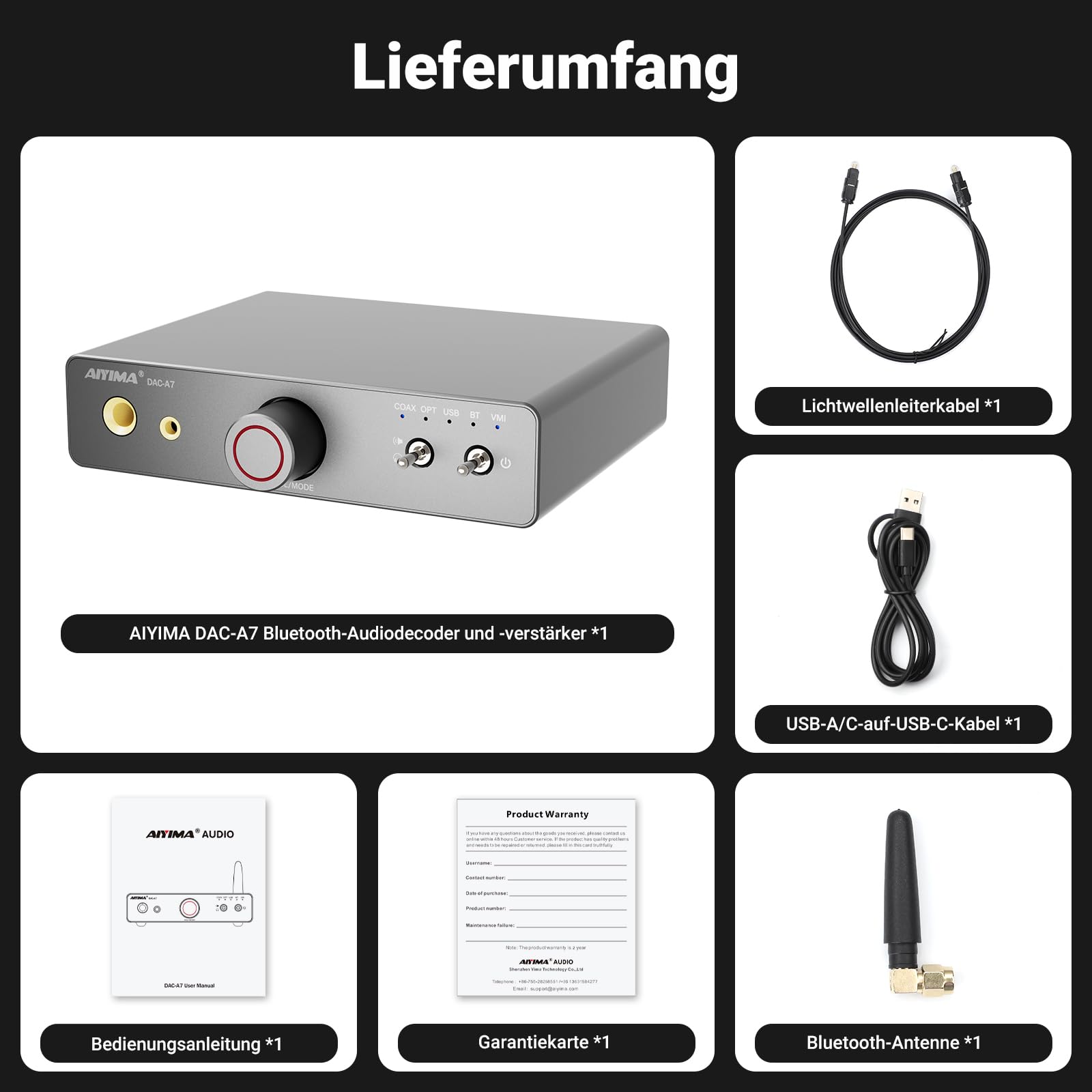 AIYIMA DAC A7 Bluetooth 5.4 Dekodierender Kopfhörerverstärker HiFi 3,5 mm + 6,35 mm Dual-Kopfhörerausgang, mit ES9038Q2M DAC 24 Bit 192 kHz Unterstützt USB-/optischen/koaxialen/Bluetooth-Eingang