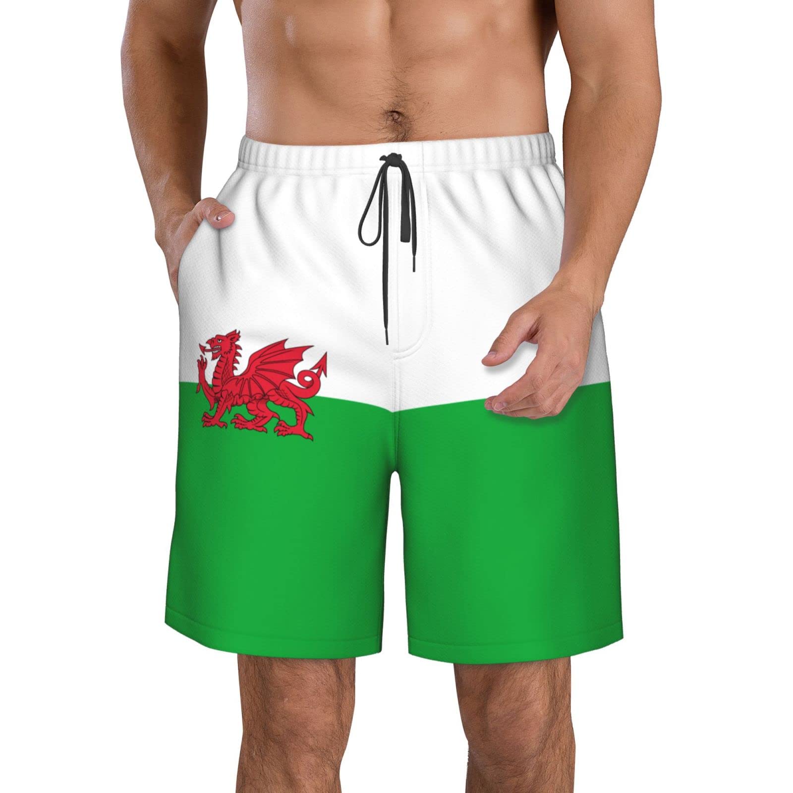 WanwEN Wales Flag Welsh Cymru Men's Beachwear Beach Shorts Board Short Swim Trunks Full Print White
