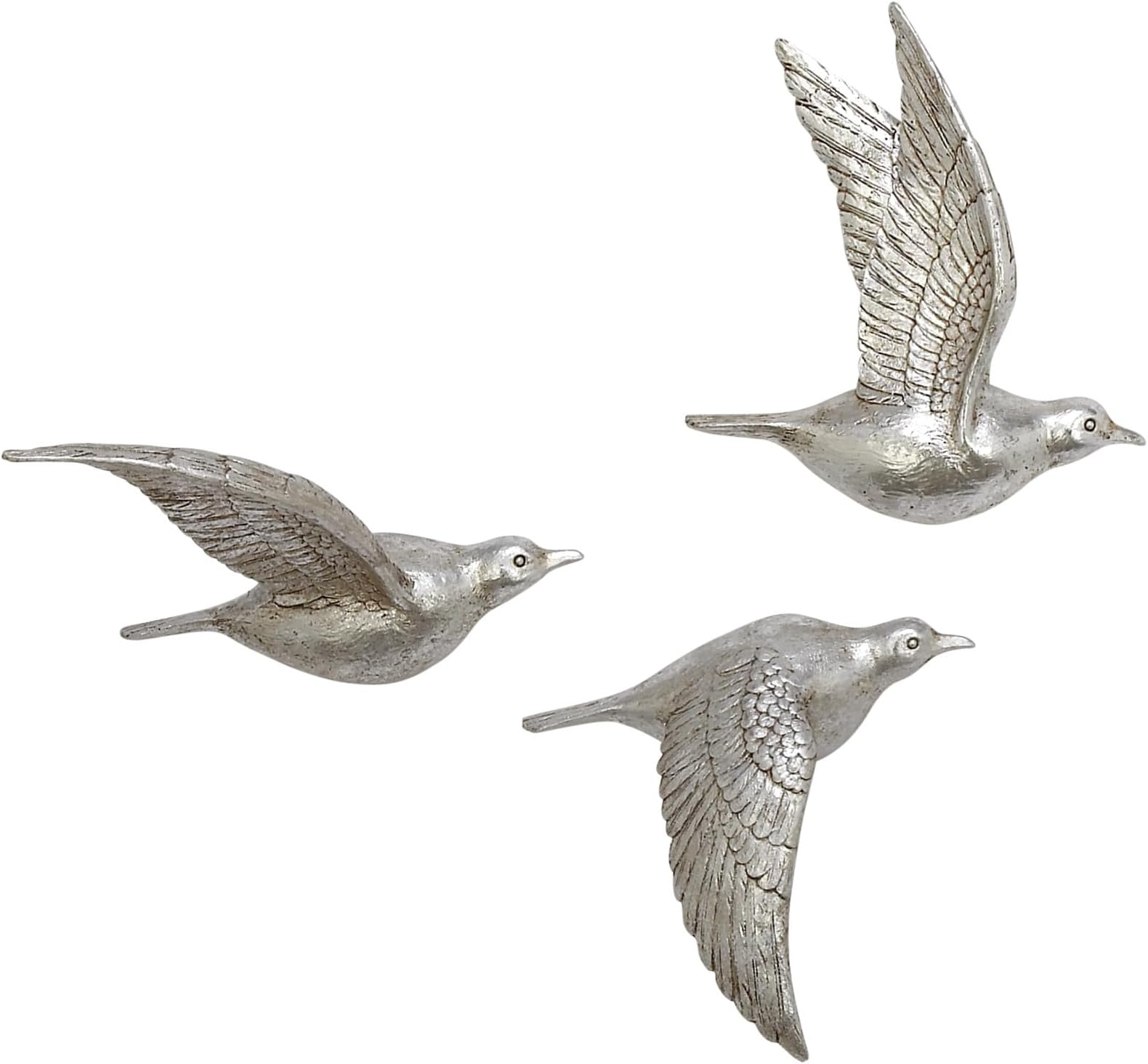 Deco 79 Polystone Bird Home Wall Decor Metallic 3D Sculpted Wall Sculpture, Set of 3 Wall Art 10", 9", 9"H, Silver