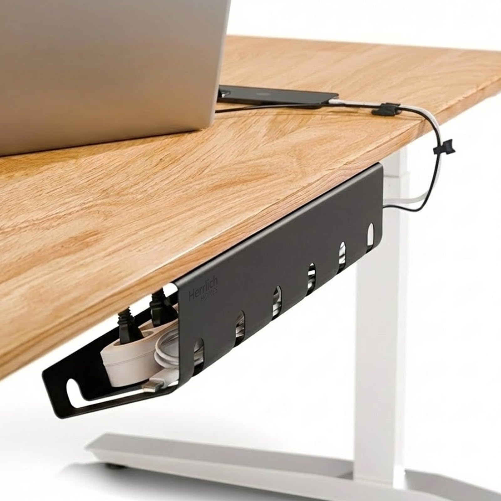 Metal Under Desk Cable Management Tray 42cm - Screw Mount Wire Organizer for Home Office Table, Holds Extension Board & Cords, Black | Includes 4 Screws & Manual
