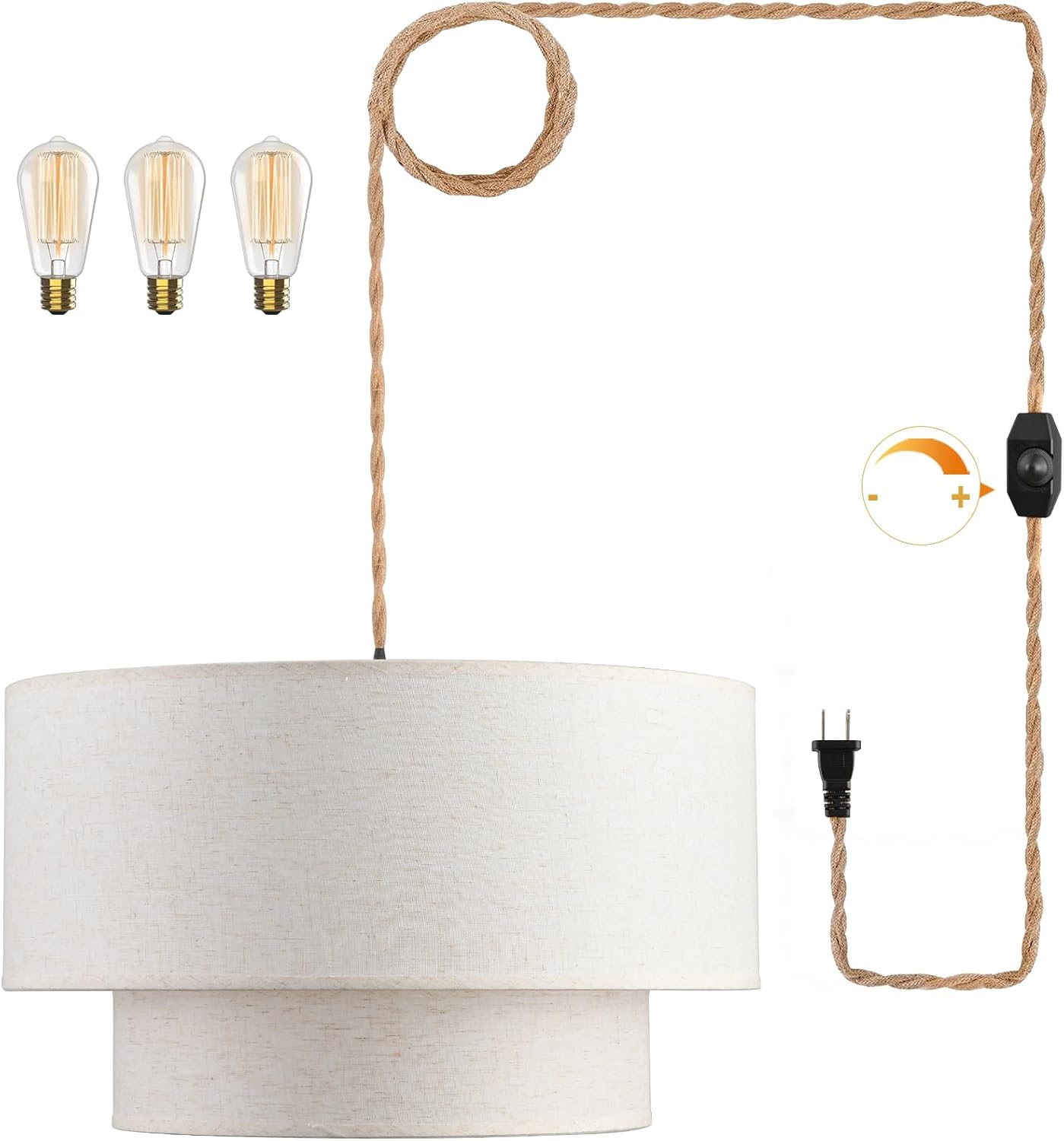 Plug in Pendant Light, 2-Tier Drum Linen Hanging Lights with 15ft Hemp Rope Cord E26 Dimmable Switch, 20" Plug in Chandelier for Dining Room Kitchen Island Bedroom Living Room Entryway