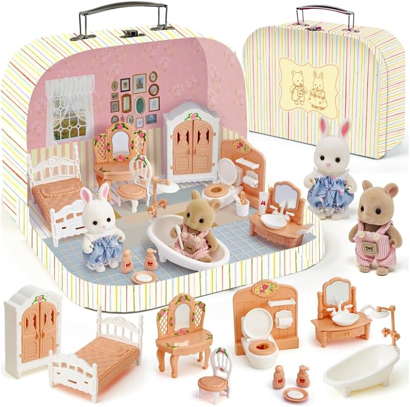 TUZT valija Juego de muebles para casa de muñecas para niños, mini caja de casa de muñecas con 2 muñecas flexibles y muebles de dormitorio y baño, accesorios de juego de simulación, regalo de cumpleaños de Navidad para niños pequeños a partir de 3 años