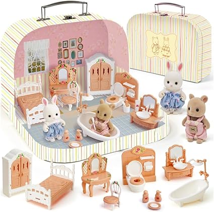 TUZT Suitcase Dollhouse Furniture Set for Kids, Mini Dollhouse Box with 2 Flexible Dolls and Bedroom&Bathroom Furnitures, Pretend Play Accessories Christmas Birthday Gift for Toddlers Ages 3+