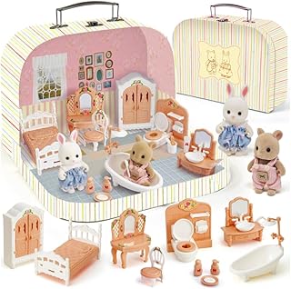 TUZT Suitcase Dollhouse Furniture Set for Kids, Mini Dollhouse Box with 2 Flexible Dolls and Bedroom&Bathroom Furnitures, Pretend Play Accessories Christmas Birthday Gift for Toddlers Ages 3+