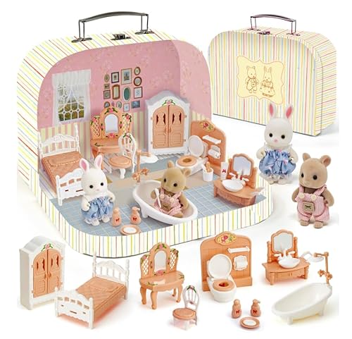 TUZT Suitcase Dollhouse Furniture Set for Kids, Mini Dollhouse Box with 2 Flexible Dolls and Bedroom&Bathroom Furnitures, Pretend Play Accessories Christmas Birthday Gift for Toddlers Ages 3+