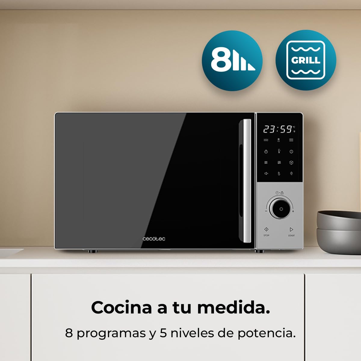 Cecotec Microondas Digital con Grill 25L Proclean 2500. 850W, Grill 1200W, Convección 2200W, 8 Programas, 5 Niveles de Potencia, Plato 315mm, Temporizador 60m, Seguridad Niños, Táctil