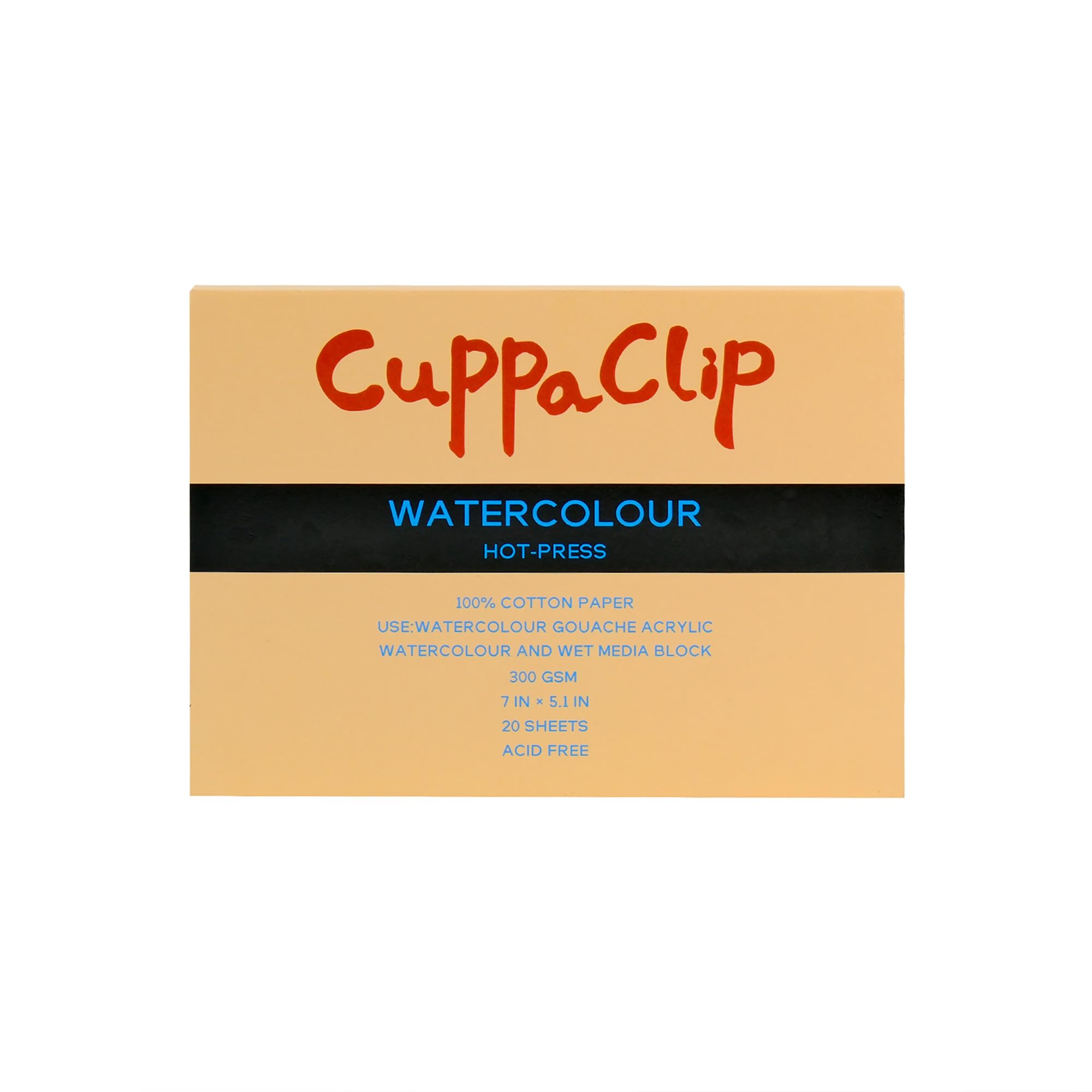 CuppaClip Watercolor Paper Block Pure Cotton Art Paper Pad 300GSM(140LB) Acid-Free 20 Sheets Watercolor Art Supplies (Hot Press, 7x5.1in)