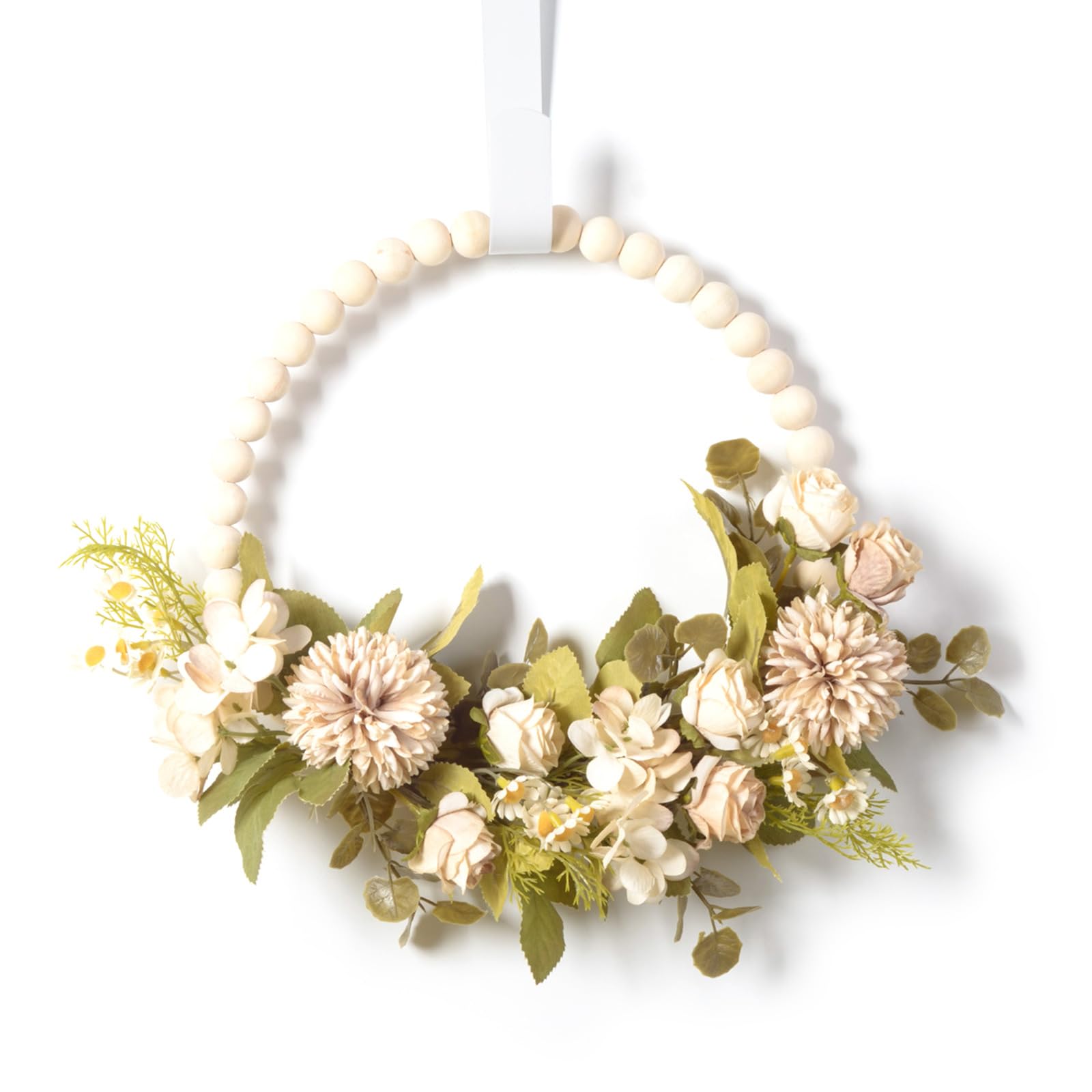 Xinsheinelry Artificial Flower Wood Beads Wreath Spring Wreath Decoration for Front Door Farmhouses Wedding Thanksgiving Decoration Valentines Day