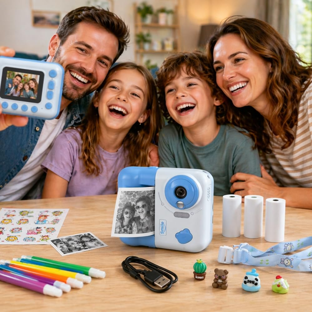 Cámara infantil de impresión instantánea, 48 MP, vídeo de 1080p, pantalla de 2,4 pulgadas, azul, con juegos y reproductor de audio, 3 rodillos incluidos