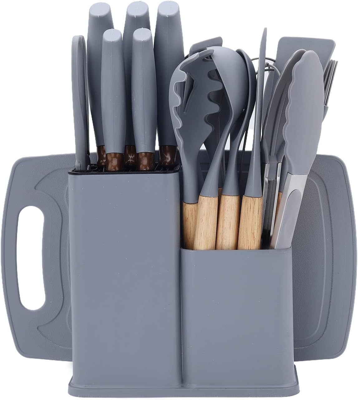 Set Coltelli da Cucina, pacchetto di utensili da Cucina da 19 pezzi, comprende 5 coltelli e 13 utensili da cucina in silicone, oltre a 1 scatola di stoccaggio (grigio)