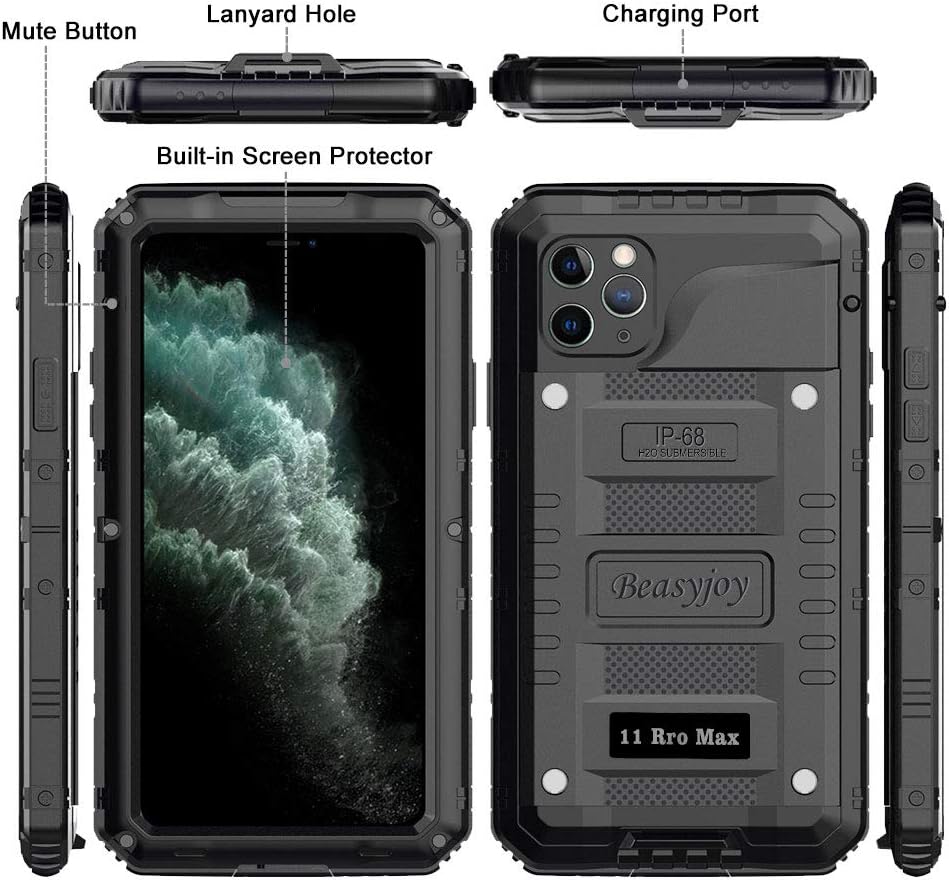 Beasyjoy for iPhone 11 Pro Max Case Waterproof Metal Case Heavy Duty Built-in Screen Full Body Protective Shockproof Military Grade Black