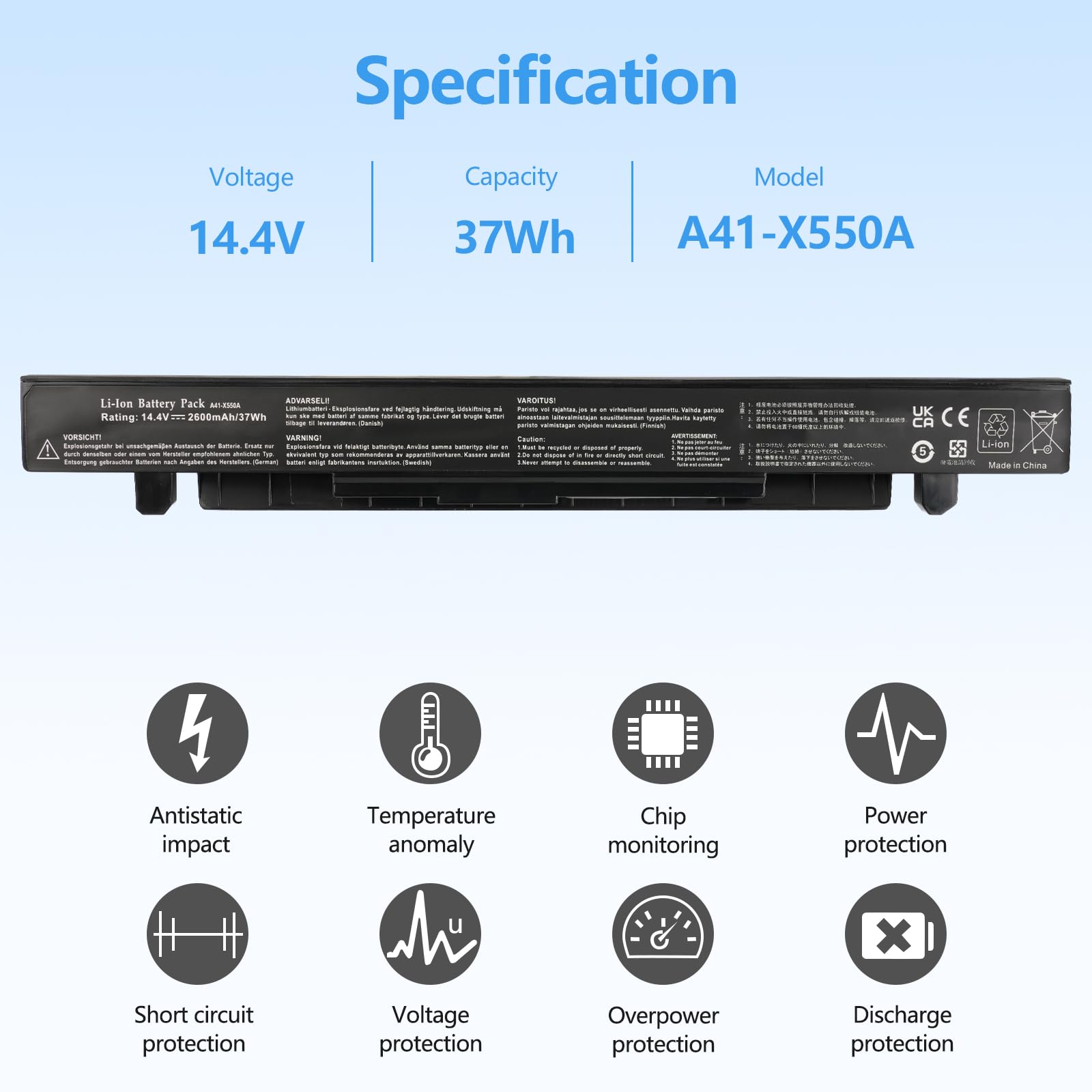 A41-X550A Batterie pour ASUS A41-X550 X550 X550C X550CA X550CC X550CL X550E X550L X552C R510 R510C R510CA R510J R409 A550C A550 F550 F552 K450 K550 P450 P550 Y481C Y581C