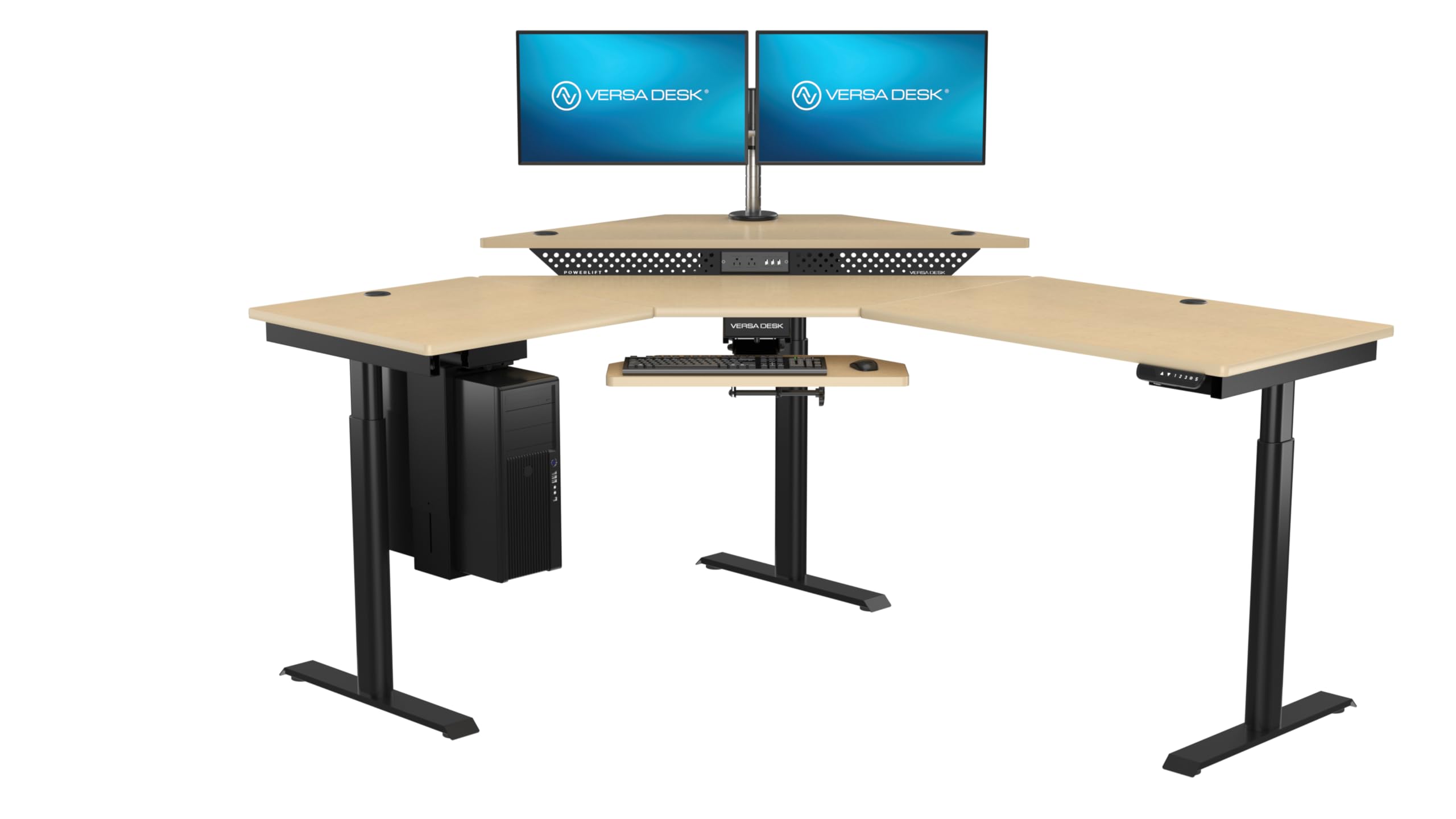 VERSADESK 60" x 72" Electric L-Shaped Corner Standing Desk, Commercial Grade Height Adjustable Sit Stand Workstation, Ergonomic Computer Desk for Home Office, Black Frame, Maple Surface