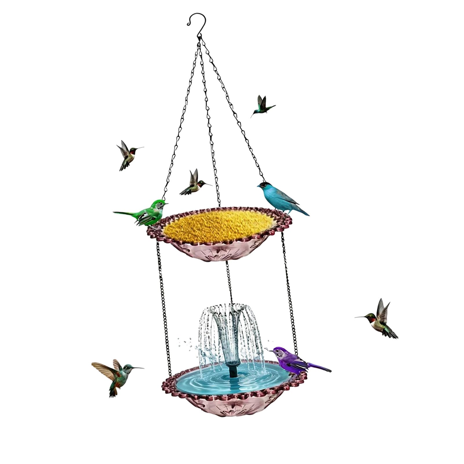 Ekoama Solars Powered Double Layer Bird Bath And Feeder With Fountains For Hummingbirds Garden Decoration Hanging Design