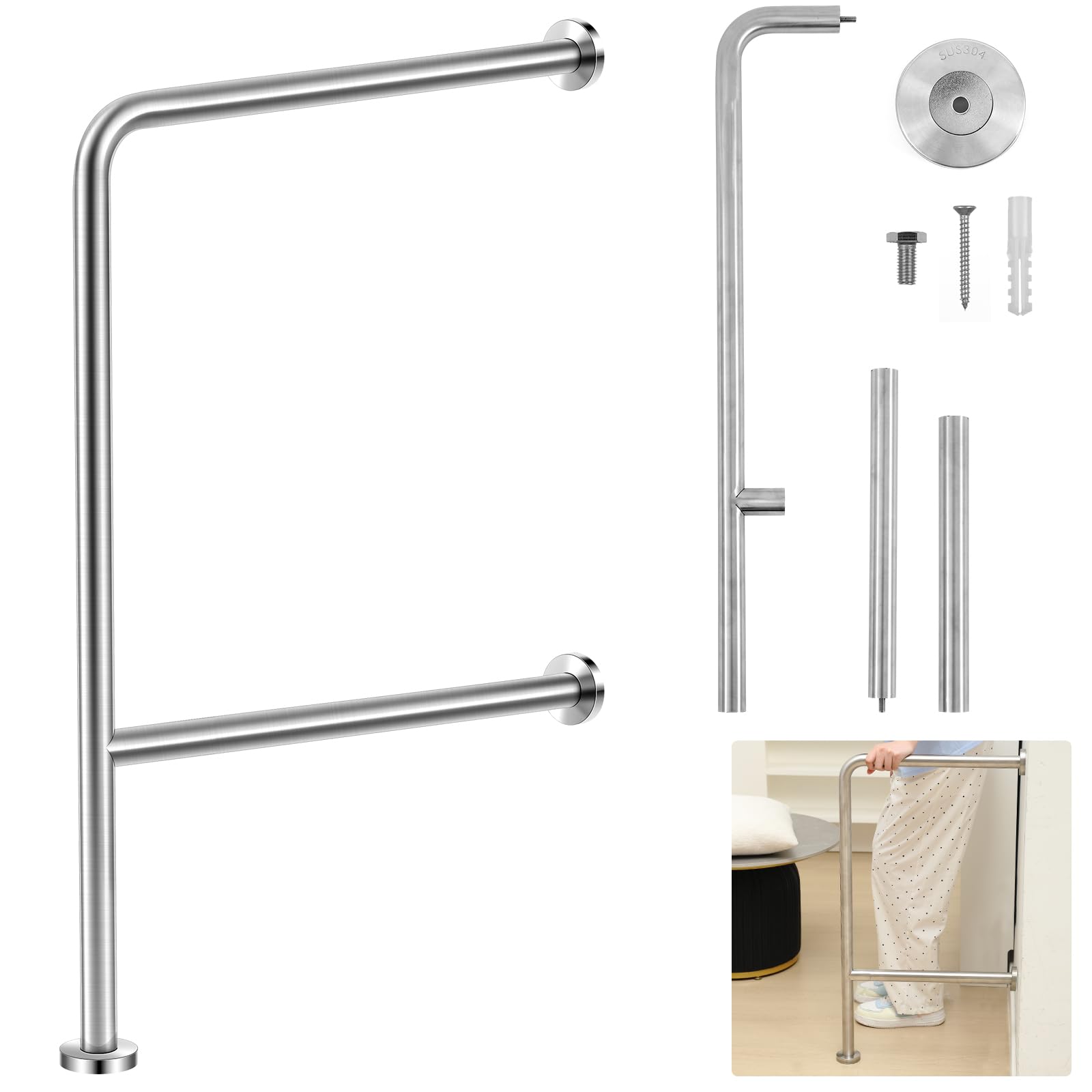 Photo 1 of Zonon 1 Pack Wall to Floor Safety Grab Bar 18 x 33 Inch Drinking Fountain Toilet Shower Handrails Stainless Steel for Bathroom Drinking Fountain Wet Areas Disabled Elderly Pregnant Women(F Style)