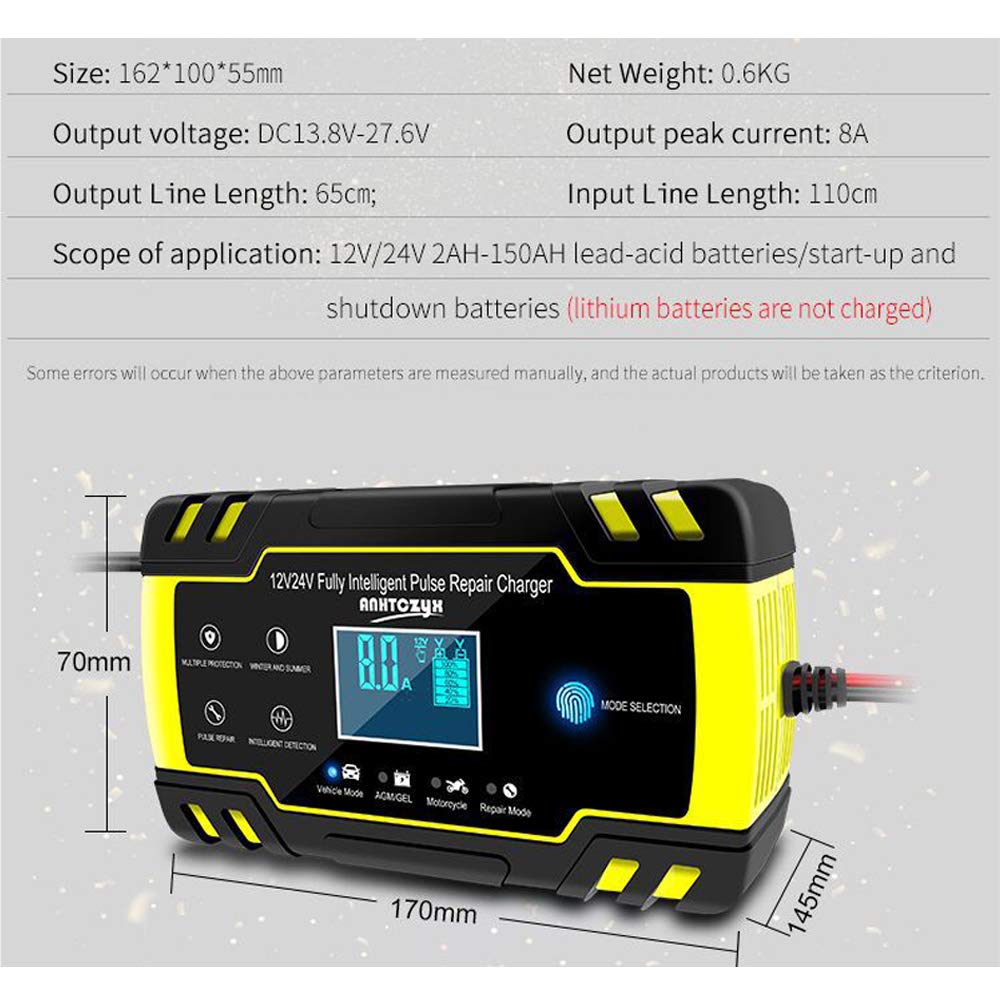 Rainbow_Road Cargador de batería automático para Coche, 12 V/24 V, 8 amperios, para Motocicletas, ATV, RV, Powersports, Barcos, Rescate y baterías de recuperación