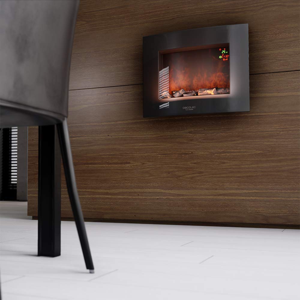 Cecotec Cheminée électrique Ready Warm 2200 Curved Flames. 2000W, 22", 2 niveaux de puissance, 20m2, Télécommande, Panneau curve en verre templé (26", Nero | Telecomando)