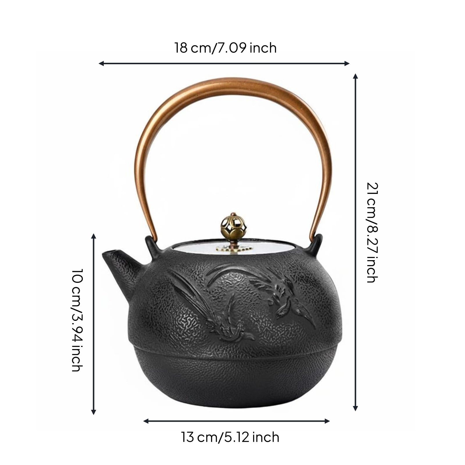 Tetera de Hierro Fundido Tetera Hervidor Caldera Jarra con Calentamiento Uniforme y Conservación de Temperatura Base, Negro, Tetera De Hierro Fundido Con Tapa De Cobre Y Asa