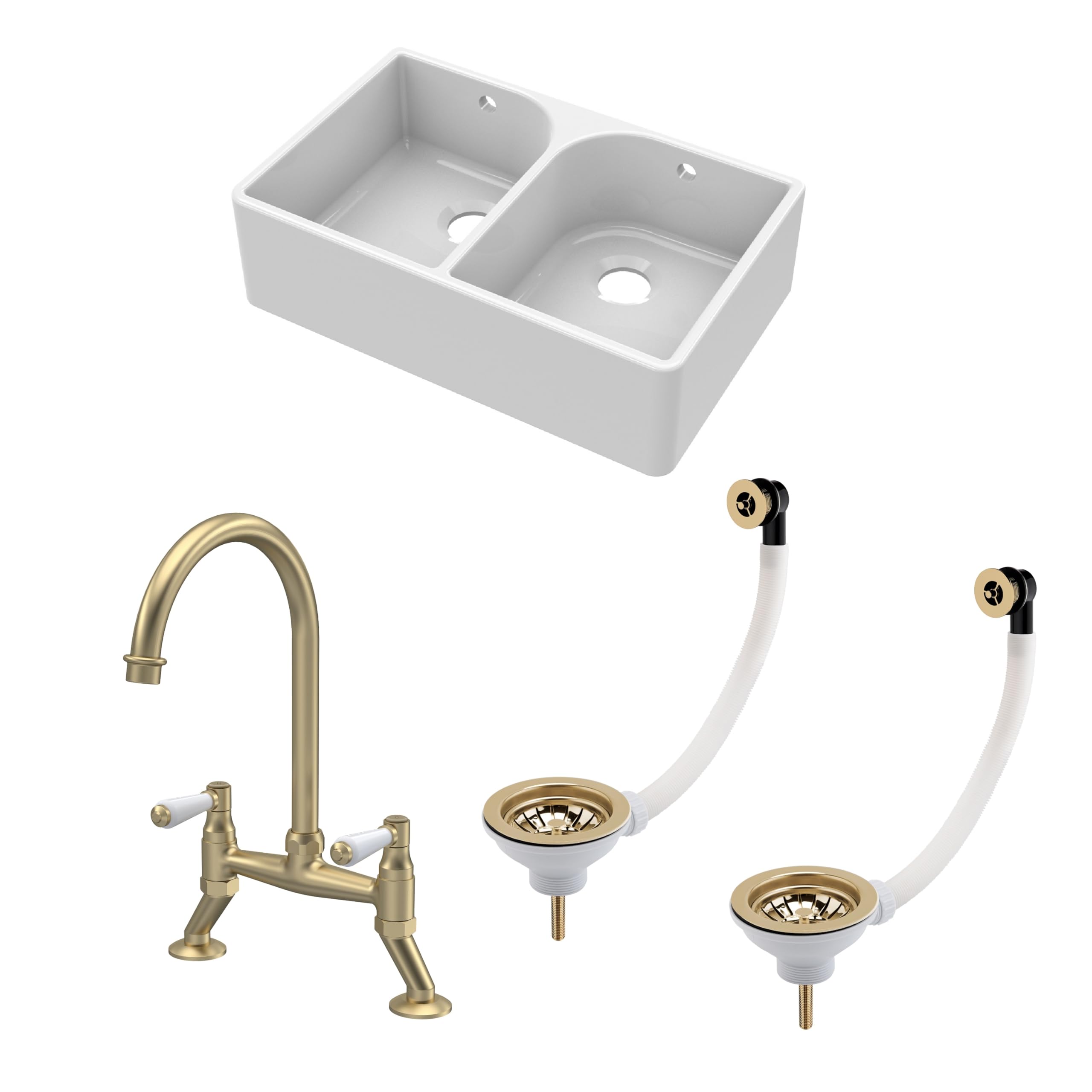 Fireclay Kitchen Bundle - Double Bowl Full Weir Butler Sink, Wastes & Bridge Lever Tap, 795Mm - Brushed Brass - Balterley 5056678440346