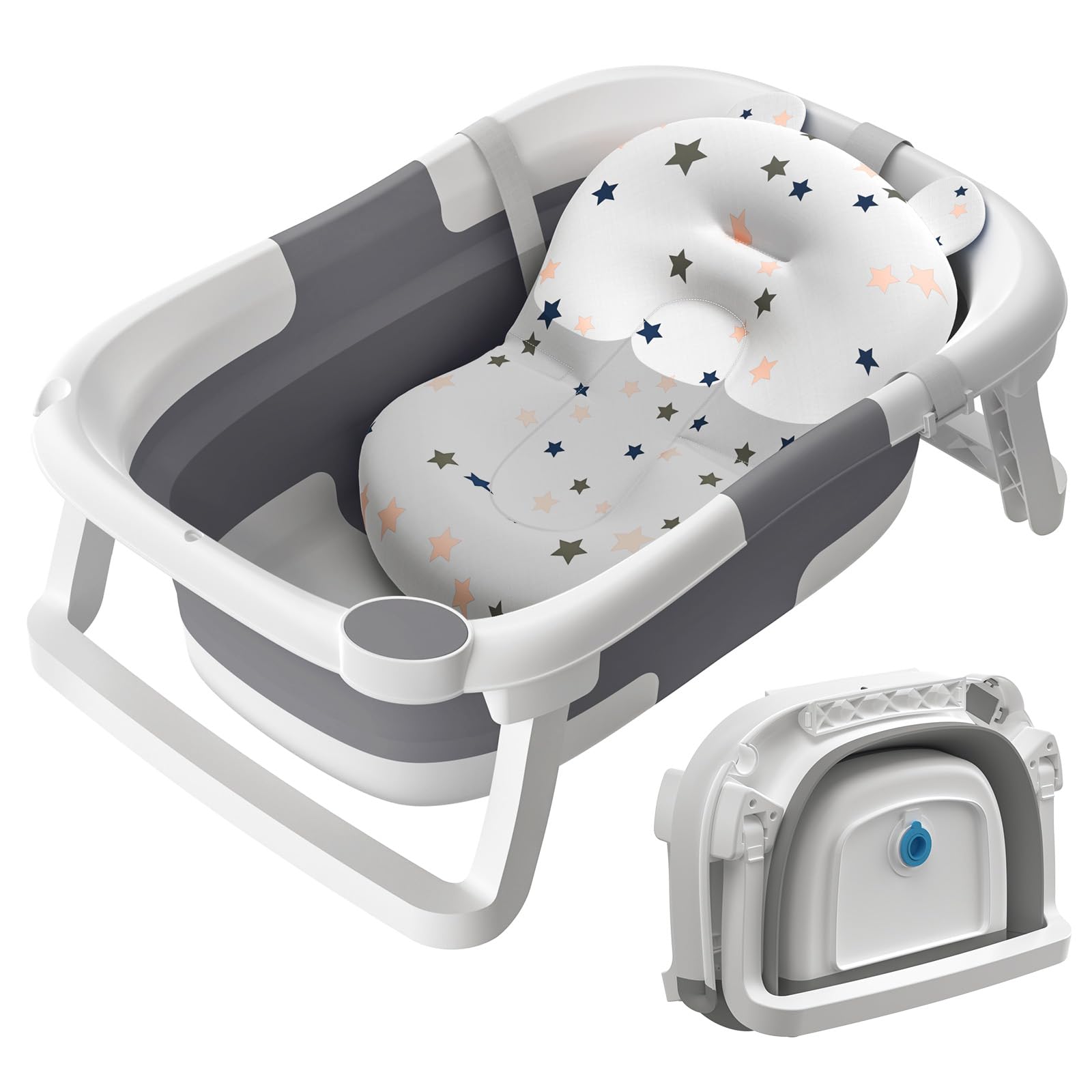 Baby Bath Tub Foldable,Collapsible Newborn Bathtub Essentials with Bath Support and Non Slip Bath Seat Cushion Stand Pad,Folding Infant Baths Tub Toddler 0-24 Months, Portable Travel Save Space(Grey)