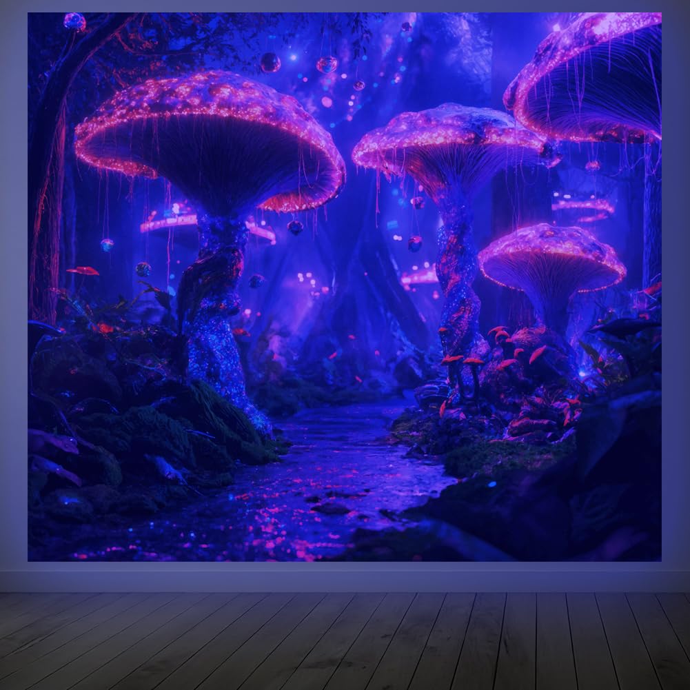 CRAFTYMELODY Mushroom Blacklight Tapestry Glow in the Dark Tapestry UV Reactive Neon Mushroom Forest Wall Hanging 59×51 Inch with Hook Self Adhesive Sticker Clip for Bedroom Home Wall Decoration