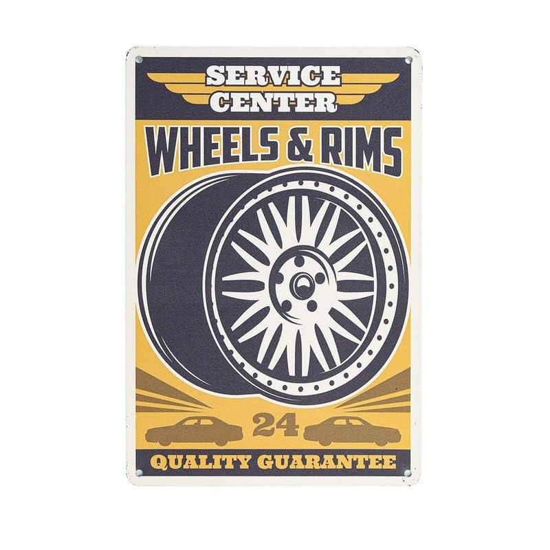 Image of Eazywagon Decorative Retro Metal Signs Wall Plate - 12x8 Inch (Wheels & Rims) | Weatherproof Vintage Metal Sign Plate for Cafe, Home, Bar, Garage | Decorative Wall Hanging Sign Board