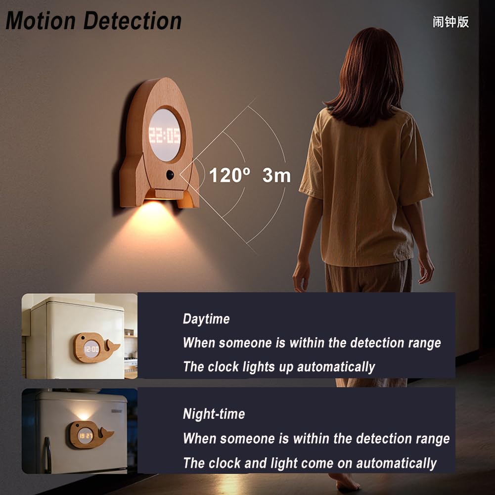 Lampada da parete in legno con Sensore di Movimento, Luce da Parete senza Fili a Batteria, Senza Allacciamento Elettrico, Luce Notte con Sensore Magnetico, Interruttore,A