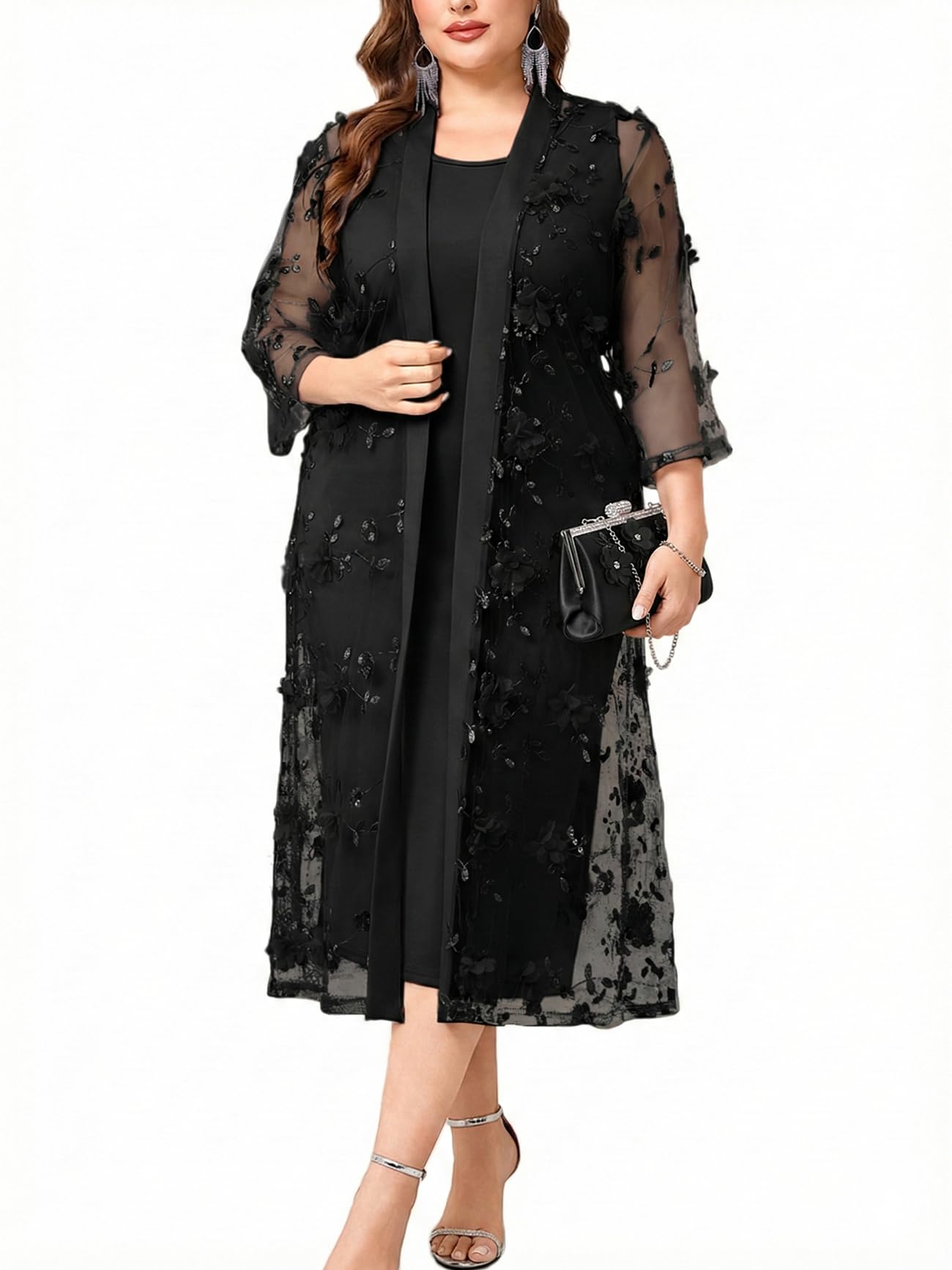 Plus Size Mother of The Bride Formal 2 Piece Dress Set with 3D Floral Mesh Jacket Dressy Suit Outfits Guest