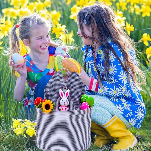 Image of Easter Basket Seersucker Egg Hunt Bunny Baskets for Kids with Cute Rabbit Ears Stripe Storage Gifts Candies Personalized Easter Party Gifts