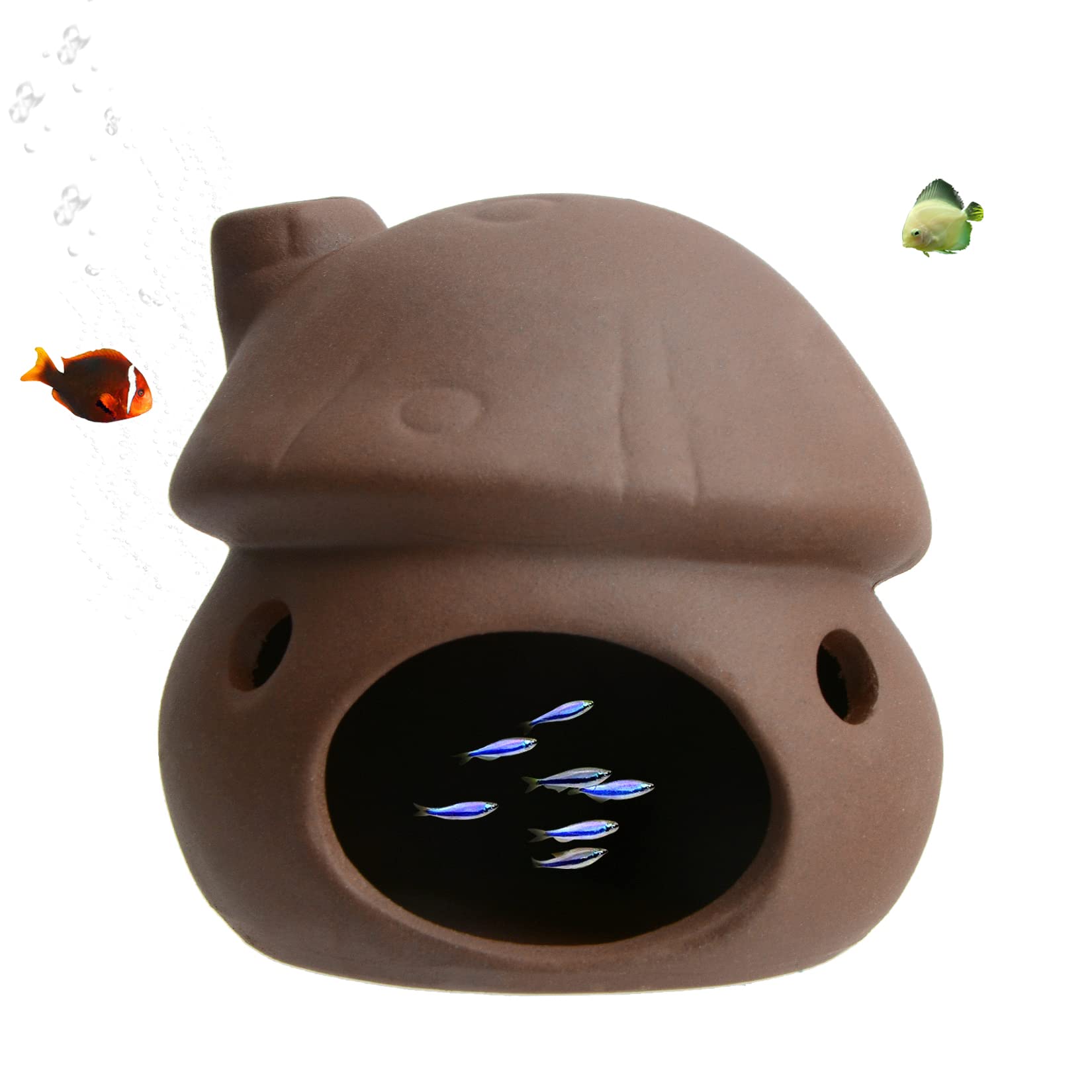 Aquarium Decor Ceramic Mushroom House Ornament Fish Tank Landscape Decoration Pottery Hide Cave Habitat Hut Small Shrimp for Goldfishes to Rest Breed Hiding (Brown)