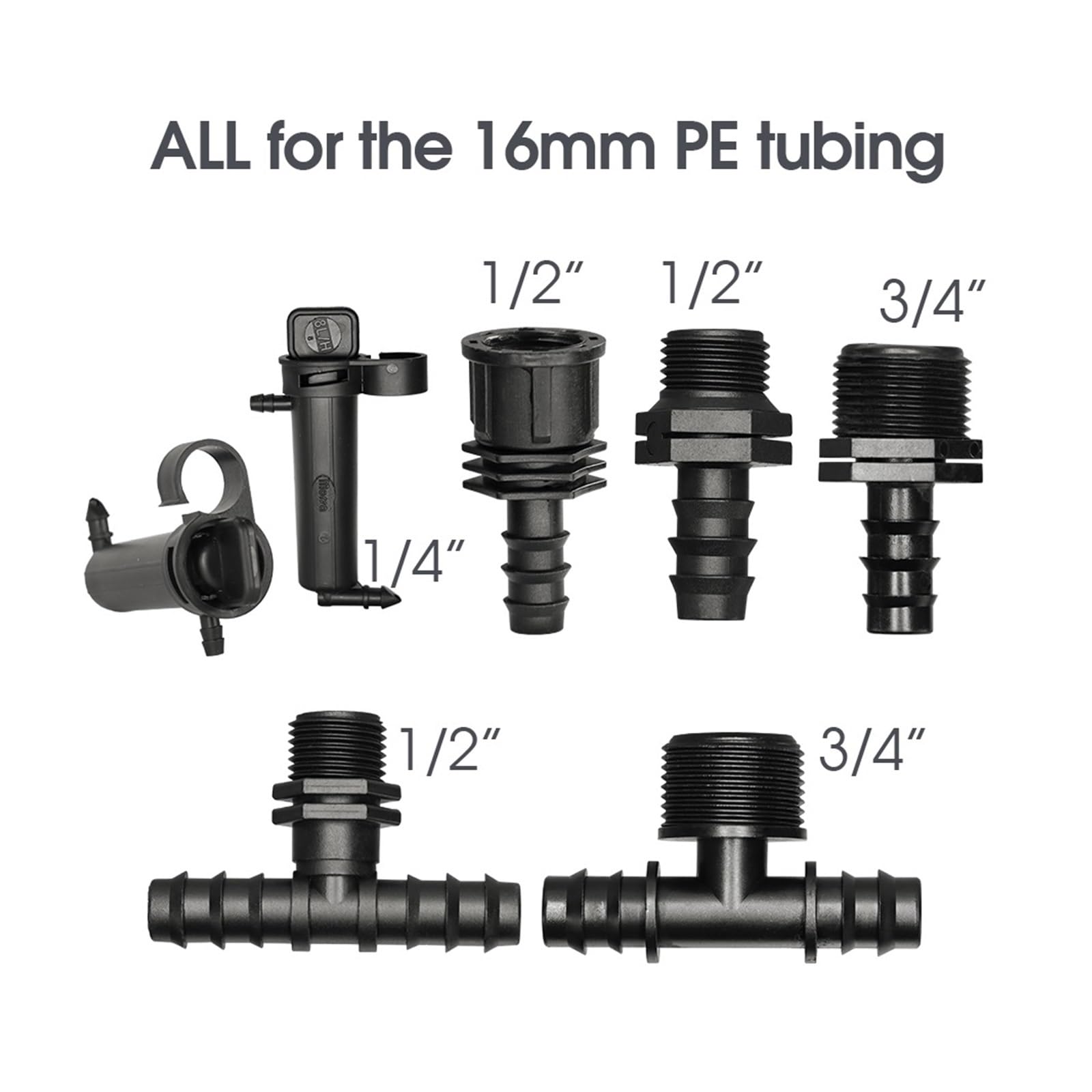 Adaptador de conector PE 16MM, manguera jardín 1/2 ", codo púa tubo, válvula enchufe extremo en T, Fitt for invernadero, 10 Uds(E)