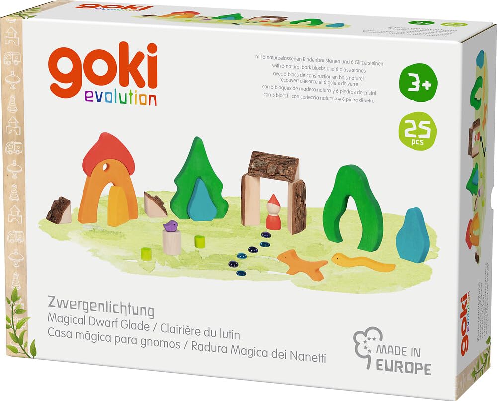 goki 58303 – Juego de bloques de construcción Evolution, 25 piezas, madera con ladrillos de corteza y piedras de cristal, paisaje de cuento de hadas para jugar imaginativamente, fabricado en Europa