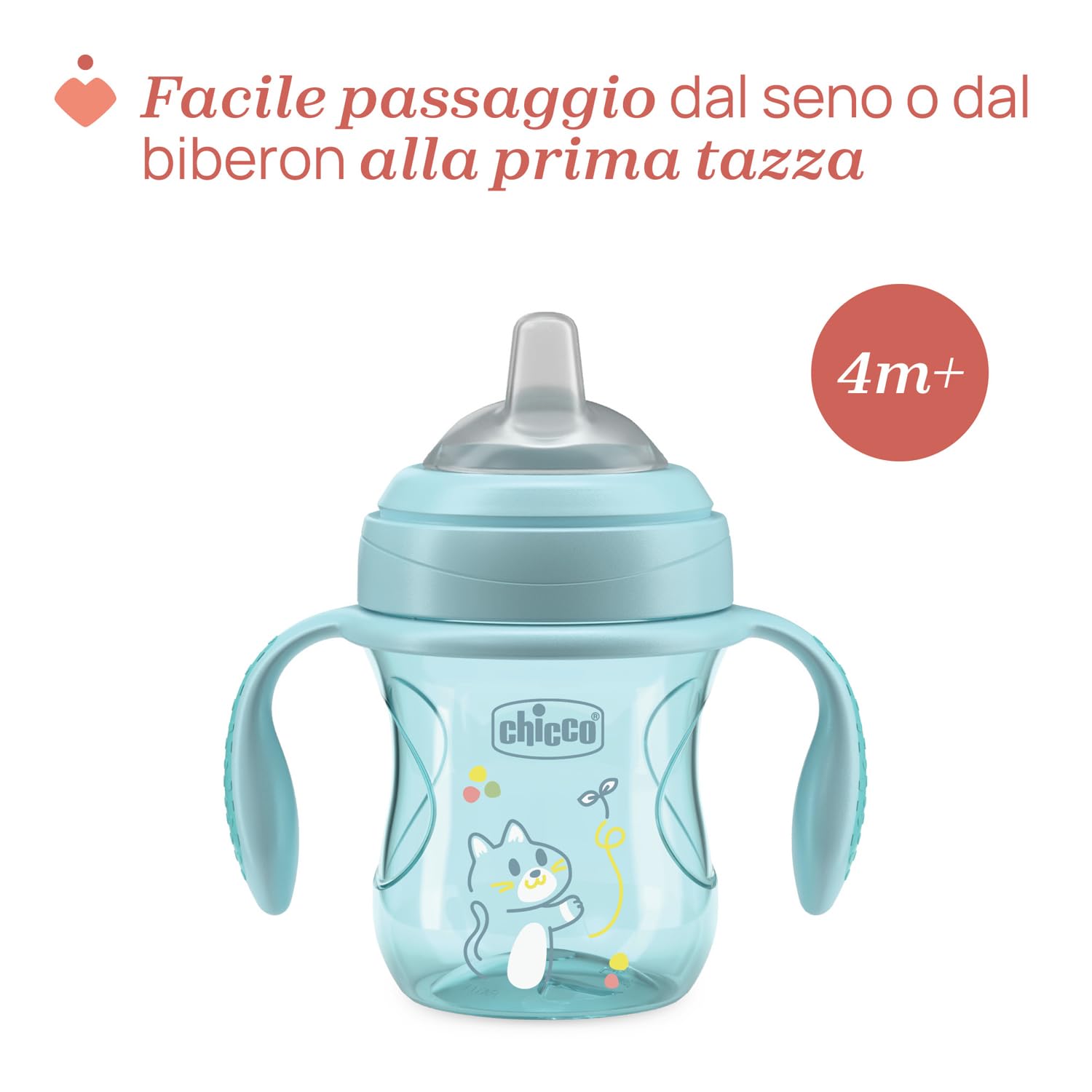 Chicco Transition Cup Bicchiere Antigoccia per Bambini 200ml, 1 Tazza Biberon 4+ Mesi per Imparare a Bere, con Beccuccio Ergonomico in Silicone, Doppia Valvola Anticolica, senza BPA - Azzurro