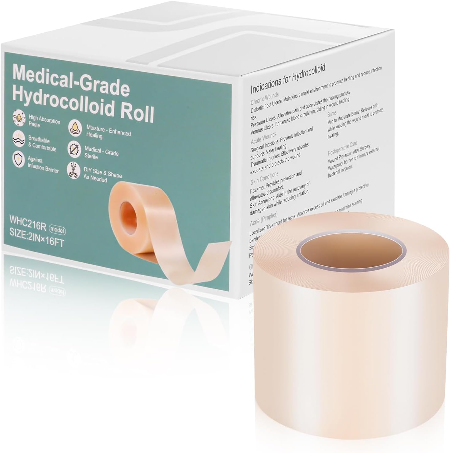 Hydrocolloid Roll for Wound Care - 2in*16ft Hydrocolloid Bandages with Self-Adhesive, Ultra Absorbent, Flexible & Waterproof, DIY Size First Aid Kit Essential