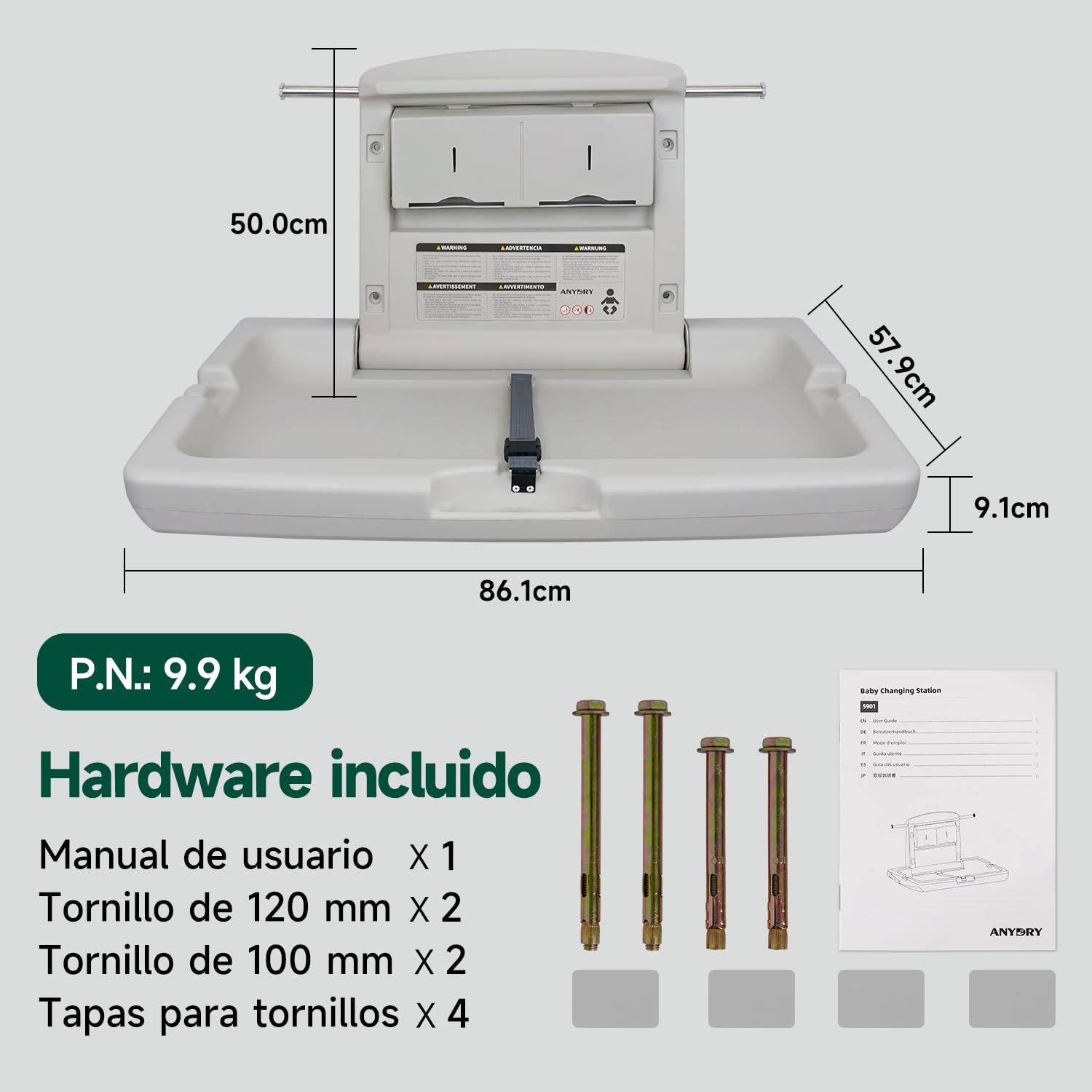 anydry Estación para cambio de bebés de pared resistente, Diseño robusto con correas de seguridad, Plegable ahorrador de espacio, en elegante blanco grisáceo