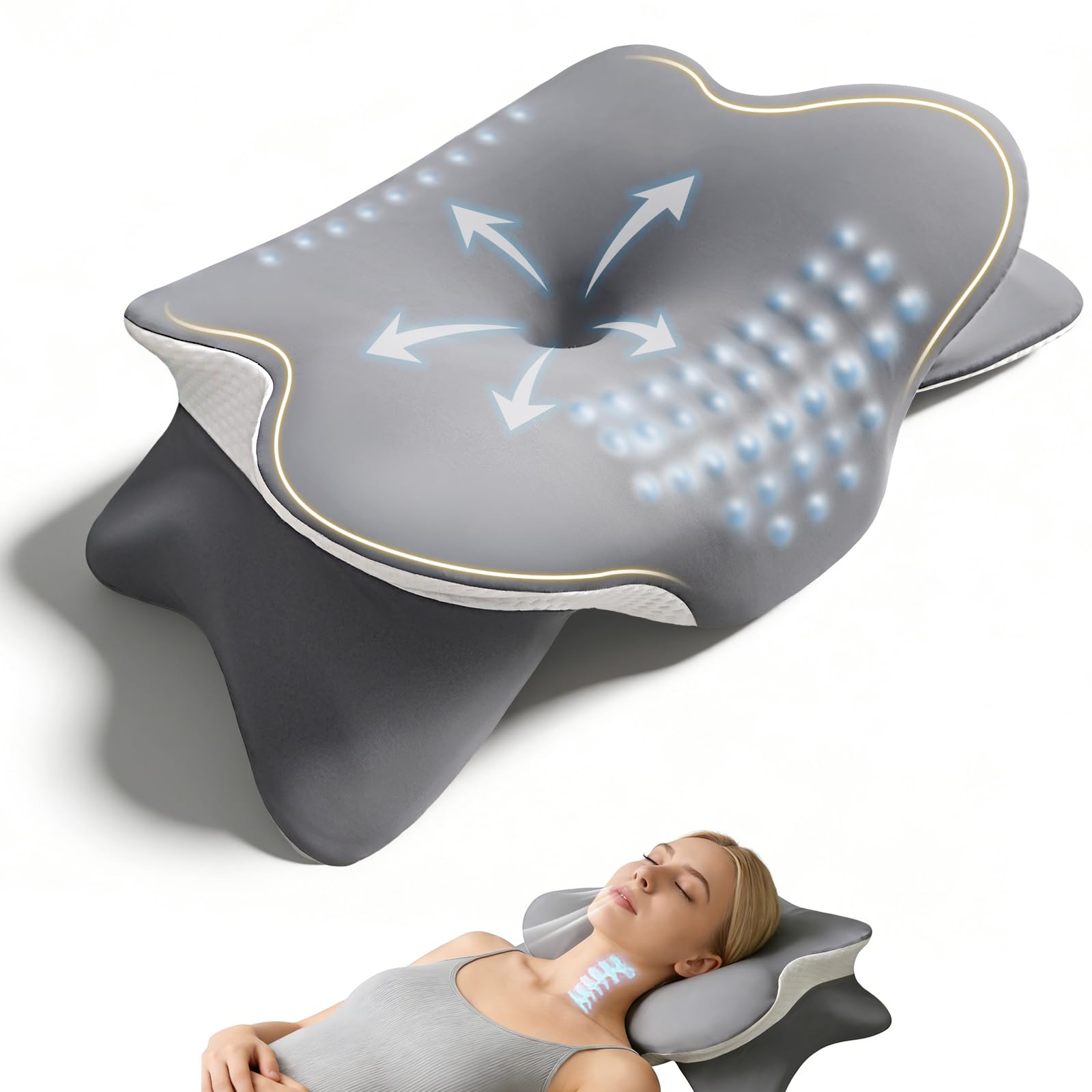 Nackenkissen Kopfkissen, Nackenstützkissen mit 3D-Nackenstütze, CertiPUR-US & OEKO-TEX zertifiziert, Seitenschläferkissen mit Atmungsaktivem Waschbarem Bezug, für Seiten-, Rücken- & Bauchschläfer