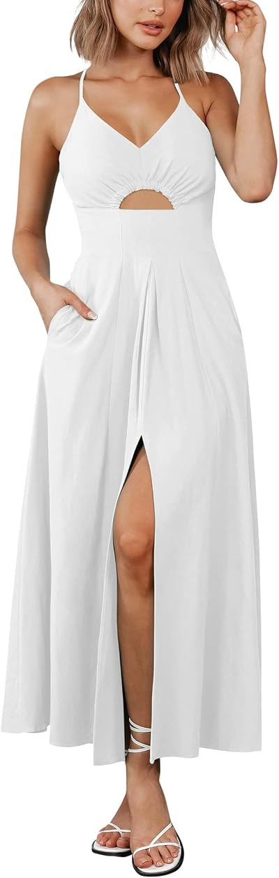 BTFBM Women 2026 Spaghetti Strap Midi Summer Dresses Sleeveless V Neck Cutout Slit Casual Beach Party Maxi Dress Pockets