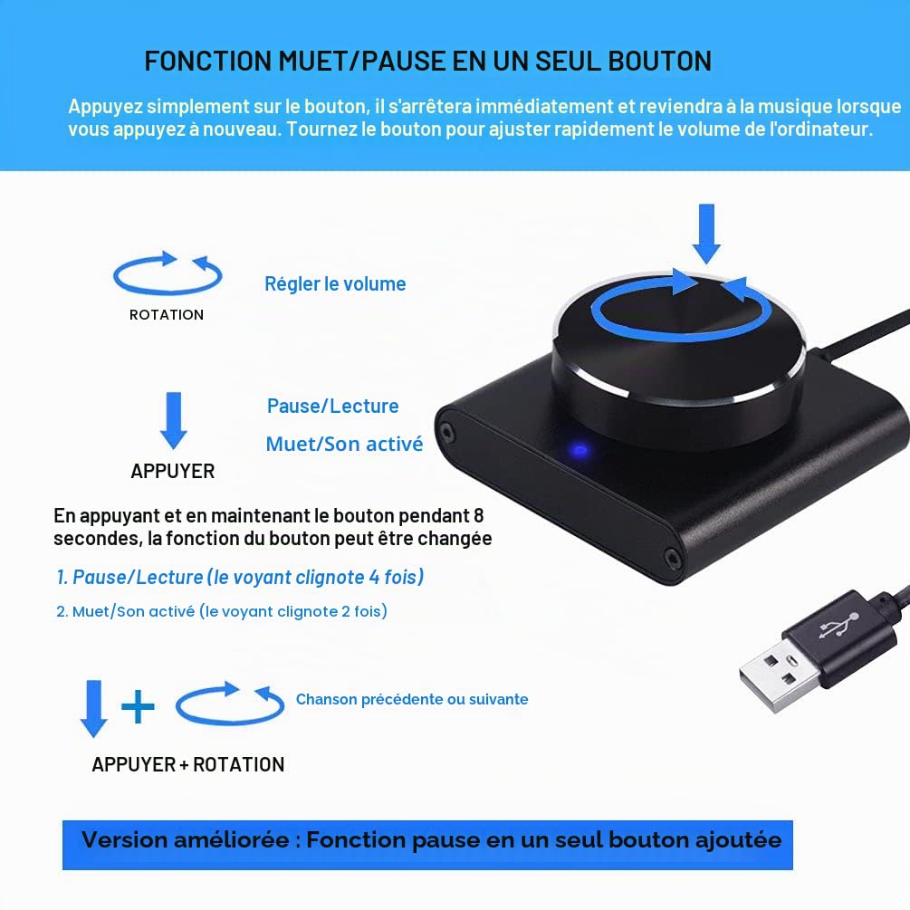 Cooidea Bouton de contrôle du Volume USB avec Une Touche de Fonction Mute/Pause pour Ordinateur, réglage Audio, contrôle du Volume Audio, Compatible avec WinXP/7/8 10/Vista/Mac/Linux