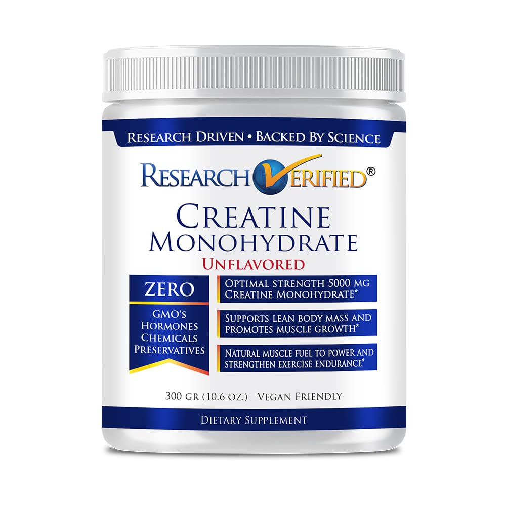 Research Verified Creatine Monohydrate - Support Optimal Muscle Growth, Enhance Performance - 5000mg Creatine Monohydrate - BioPerine - 60 Servings - Unflavored - Vegan