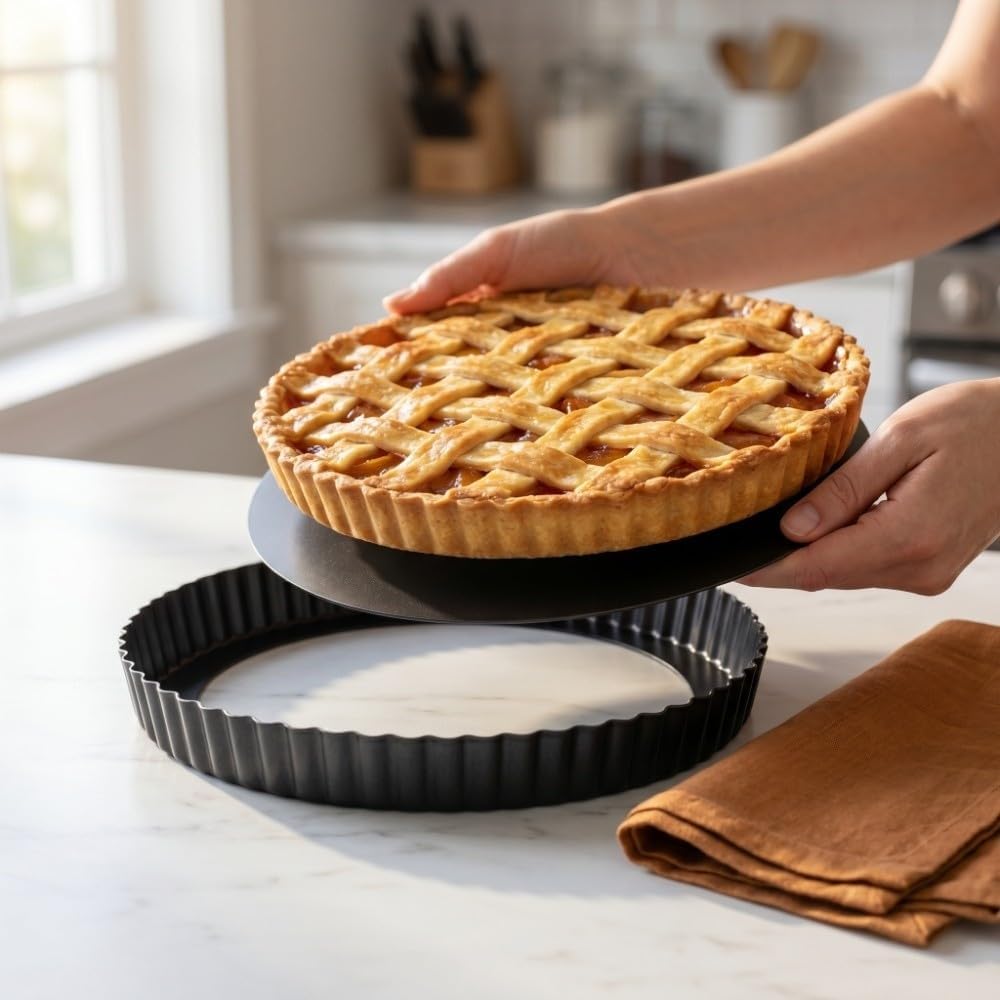 Quiche Pan,Carbon Steel Nonstick Round Tart Pan with Removable Bottom for Pies,Tarts,Quiche,Cakes,Pizza,and Roasted Dishes,Wavy Edges,Black