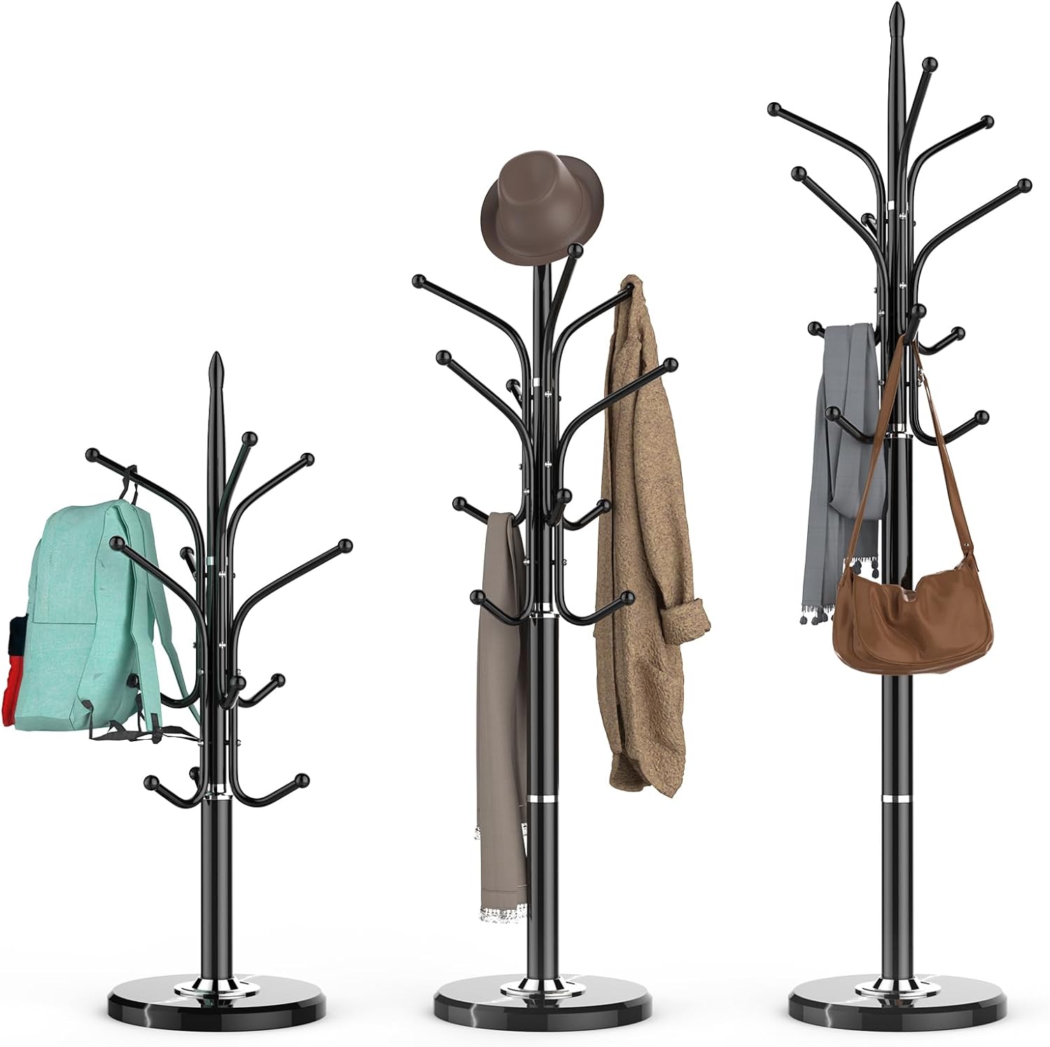 Heavy Duty Coat Rack with Marble Base, Freestanding Hall Coat Tree with 12 Hooks and 3 Adjustable Sizes, Metal Coat Rack Stand for Entryway, Bedroom, Office Hanging Purses, Coats, Scarves, Hats Black 12hooks