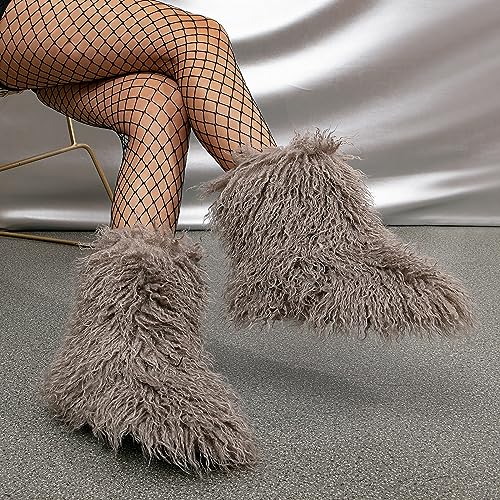 HINDOLA Womens Faux Fur Boots Plush Warm Snow Boots Fuzzy Fluffy Furry Round Toe Suede Boots Comfortable Winter Ankle Booties Anti Slip Outdoor Indoor Flat Shoes2