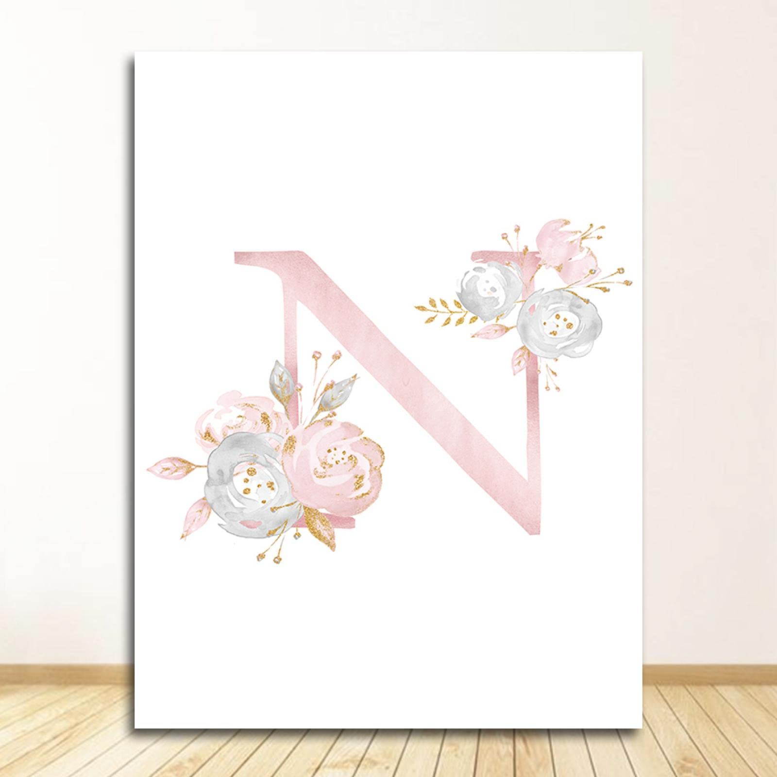 Póster rosa con letra N en inglés, arte en lienzo, nombre de bebé, pintura personalizada, imágenes de flores, guardería, impresiones personalizadas, decoración de pared para habitación de niñas, 50 x
