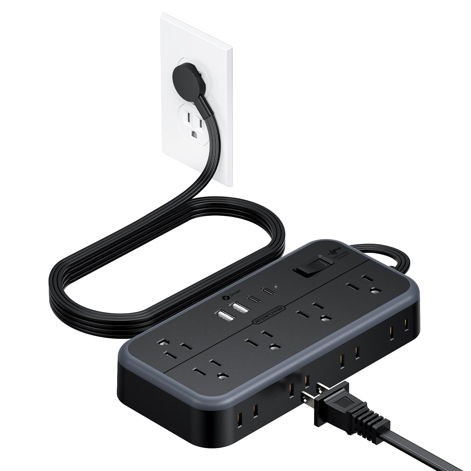 NTONPOWER Surge Protector Power Strip 5 Ft Cord, 10 Widely Spaced Outlets, 4 USB Port(2 USB C Port), Ultra Thin Flat Plug Extension Cord 5 Feet, 2700J