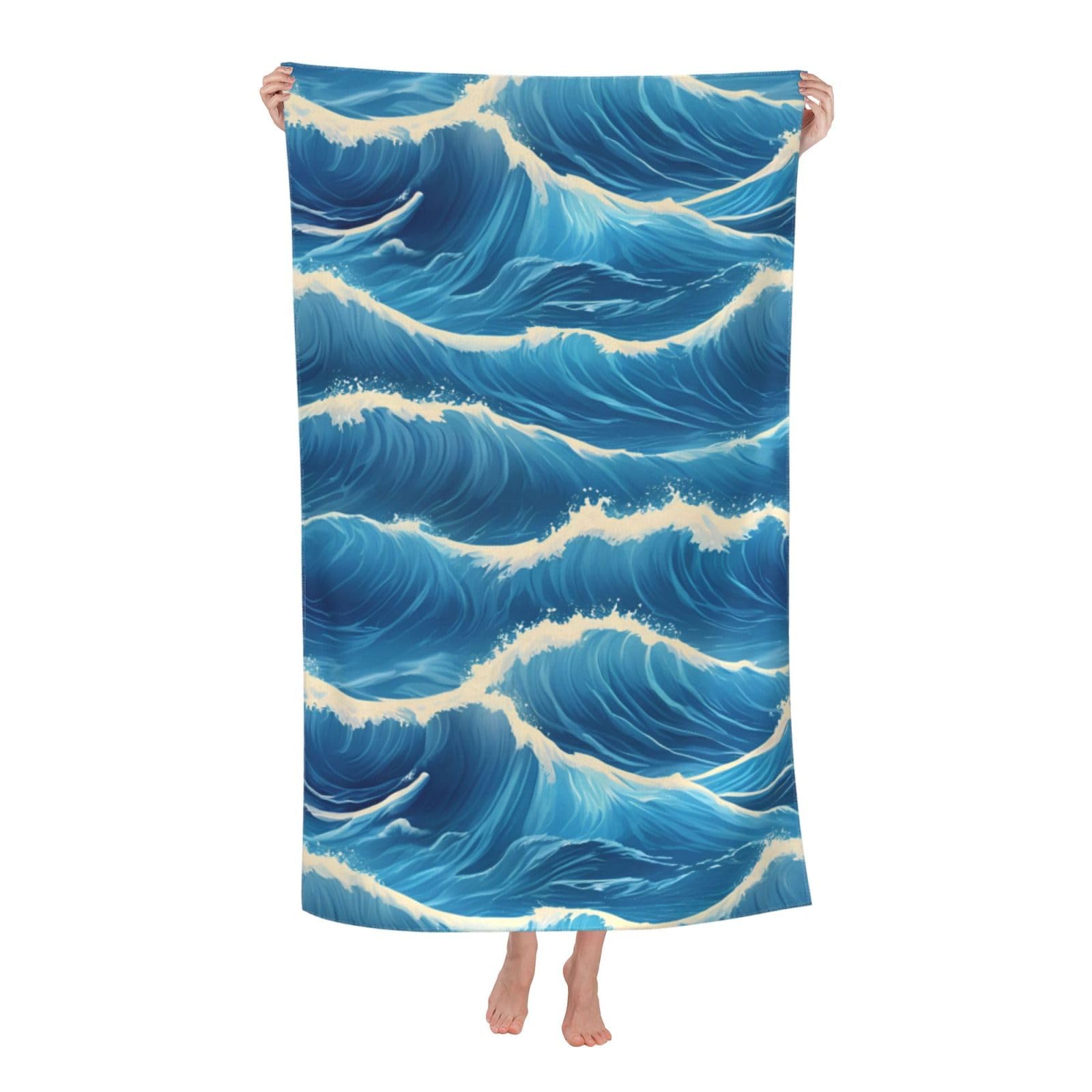 Pojknbv White Blue Ocean Wavy Seascape Print Oversized Adult Beach Towel Quick-Dry Comfortable Lightweight Travel Pool Camping