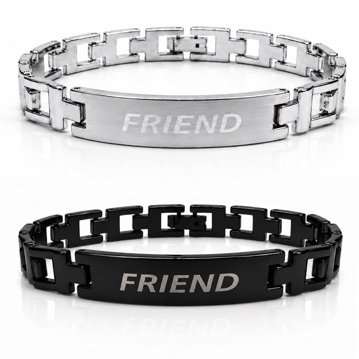 Premium Silver & Black Anti-Tarnish Friendship Bracelets With Friend Engraved ID With Metal Plate & Chain Link Design Aesthetic Accessory For Daily Use-image-34