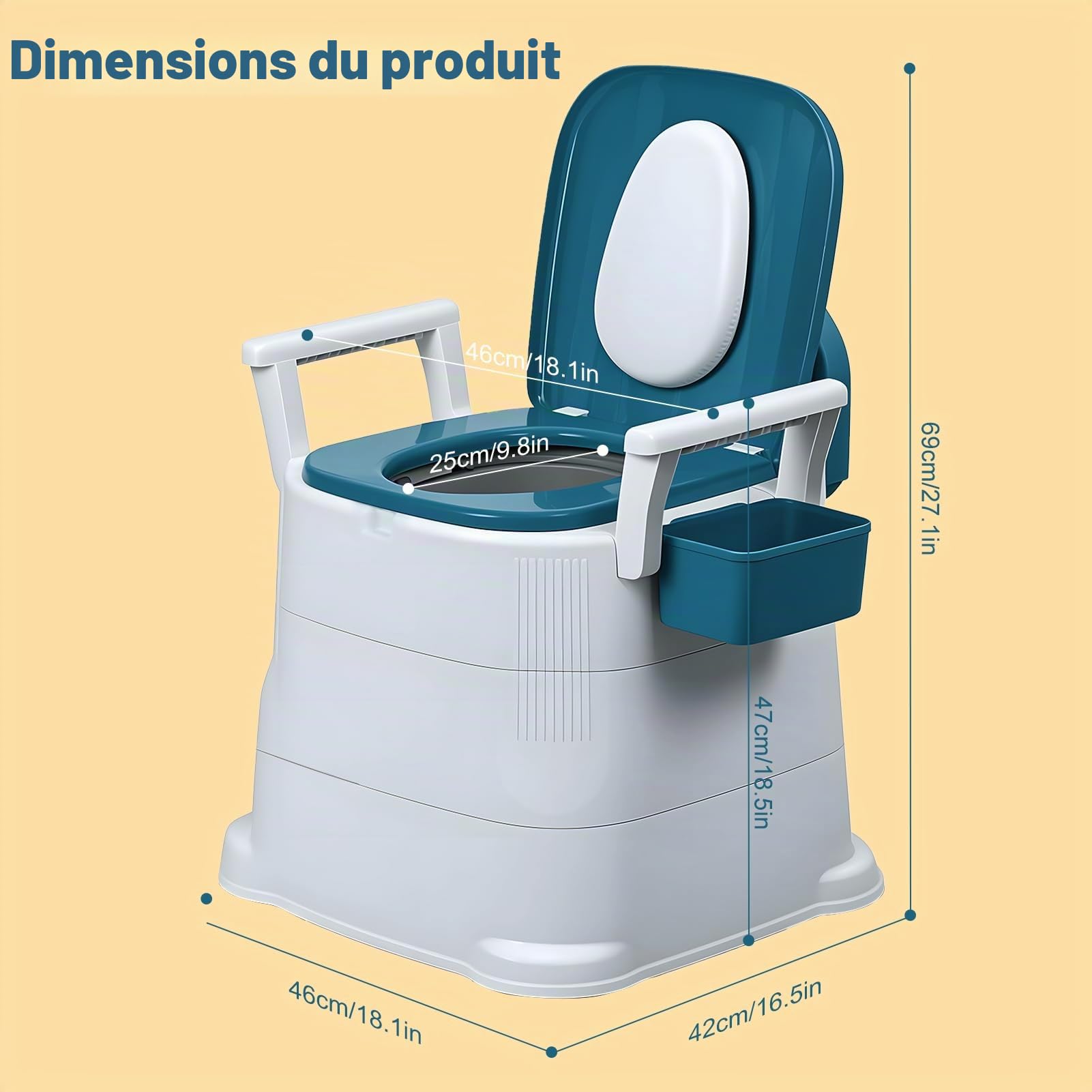 Toilette Chimique Portable avec accoudoirs Amovibles, Pot de Chambre Adulte, Toilette Camping, capacité 150 kg, pour Personnes âgées, handicapées et Femmes Enceintes