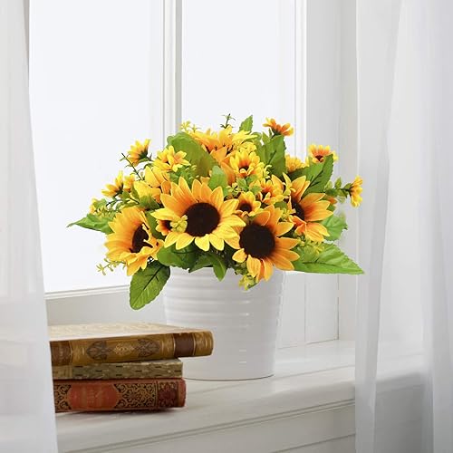 Miniatura 7 de FULAWEIER Ramo de girasol artificial 4 racimos de girasol falso de seda flores amarillas sintéticas para interiores y exteriores maceta colgante