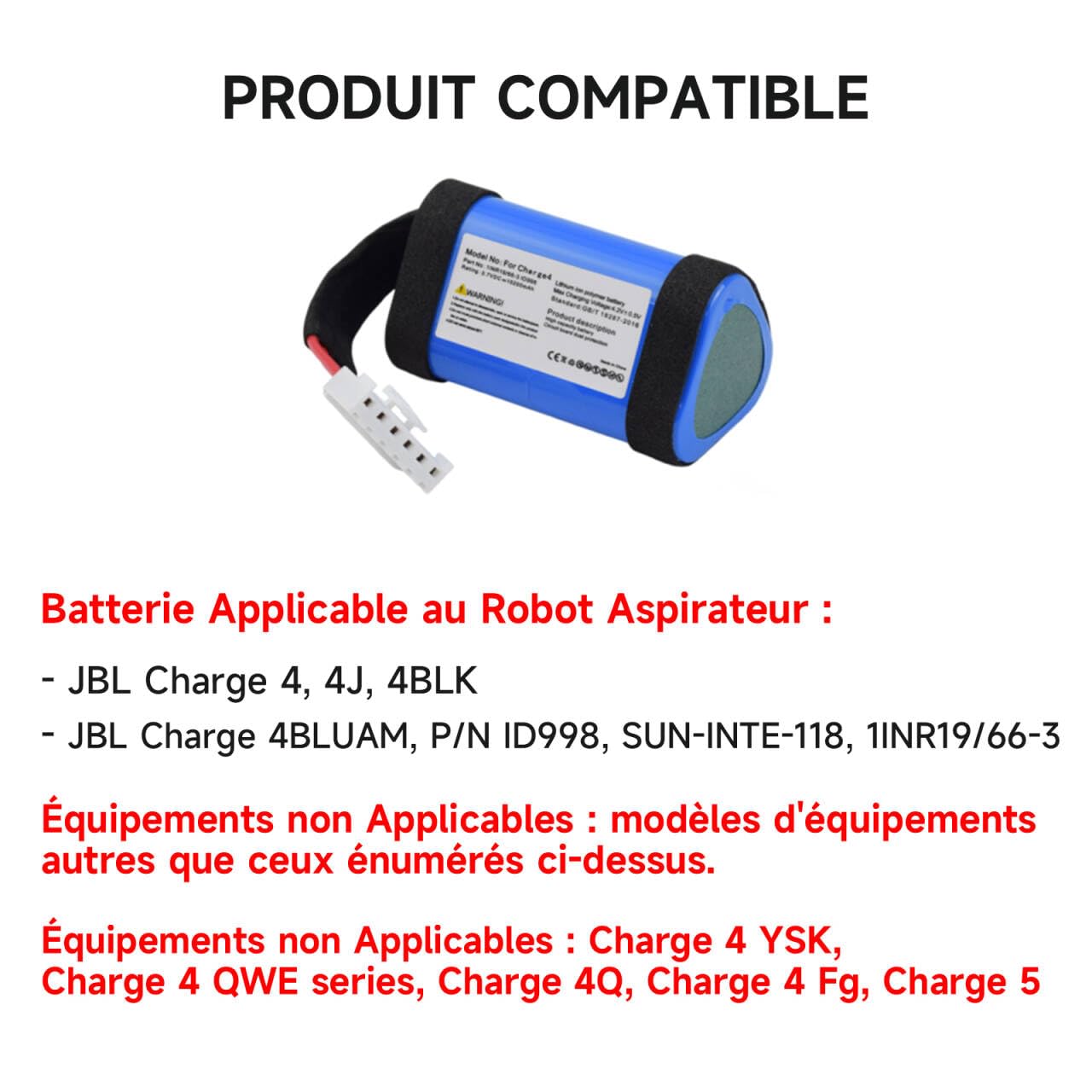 CITYORK Batterie Li-ION 3,7 V 10200 mAh pour JBL Charge 4, 4J,4BLK, Compatible avec Charge 4BLUAM, P/N ID998, SUN-INTE-118, 1INR19/66-3